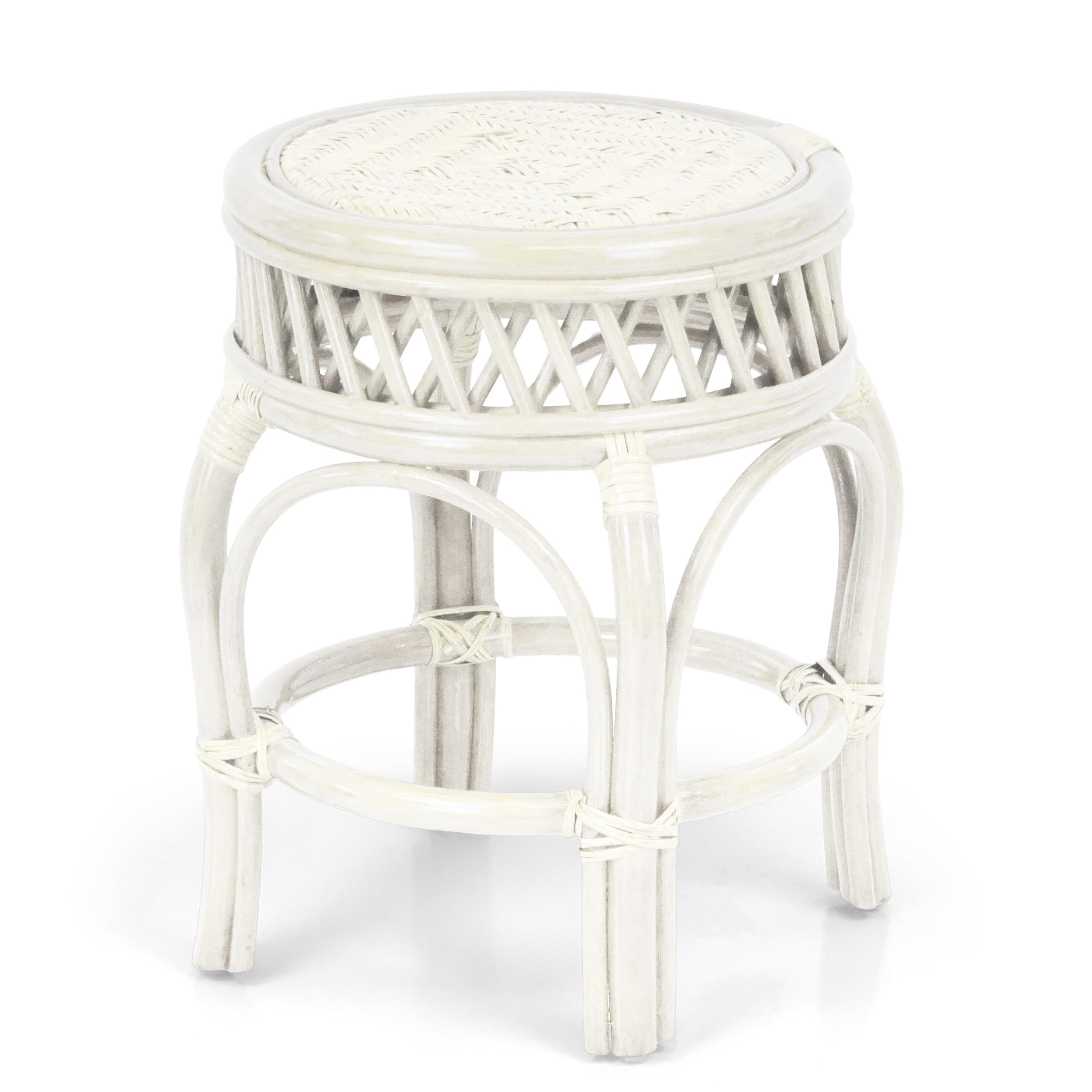 Ginger Handmade Rattan Wicker Stool Fully Assembled, White Color
