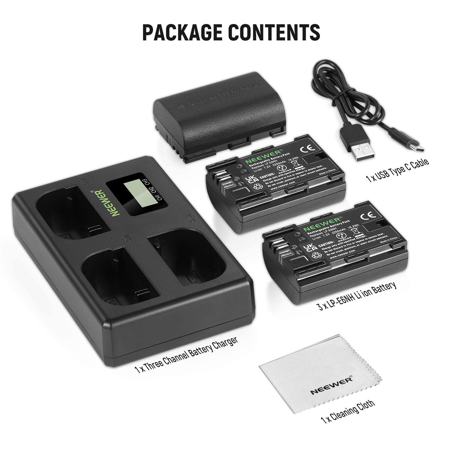 NEEWER Ersatzakku und Ladegerät Set für LP-E6NH, 2250 mAh Ersatz für LP-E6NH Akku & USB Ladegerät mit DREI Steckplätzen Kompatibel mit Canon EOS R7 R5 R6 R6 II R, 5DIV, 6DII, 7DII, 80D,90D