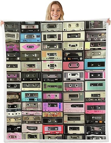 Manta de cinta de música retro de 30 x 40 pulgadas, mantas de vellón vintage de radios para adolescentes, niños y niñas, manta mullida de casete de