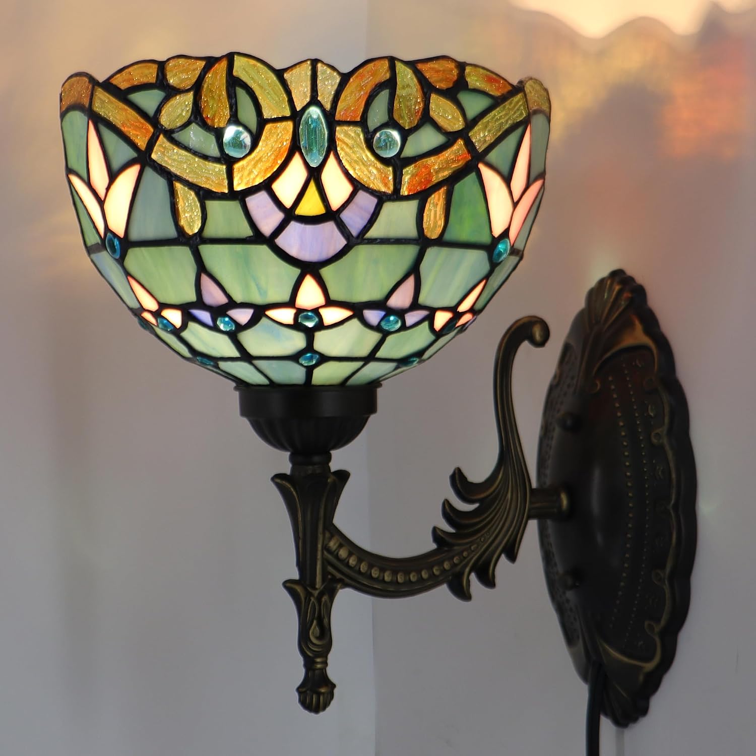 Tiffany Wall Sconce Lamp Plug in with 8 inch Stained Glass Lampshade 8X10.5X11 Inch Stained Glass Wall Lamp (Baroque Style)