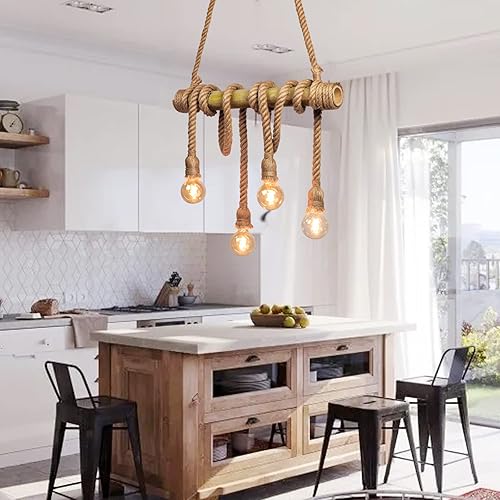 Miniatura 3 de Arturesthome 3 luces vintage de bambú candelabros de cuerda de cáñamo, lámpara colgante industrial rústica única para dormitorio, restaurante,