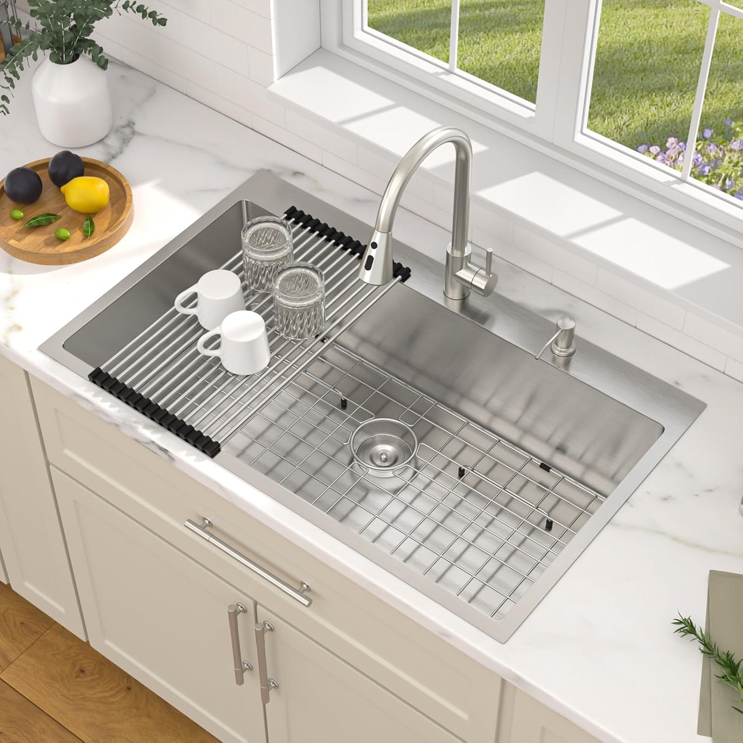 Dcolora 36 In. Drop In Kitchen Sink With Faucet Large Stainless Steel Topmount Sink For Kitchen Round Corner Overmount Basin 36"×22"×10", DC-SFDOE00121