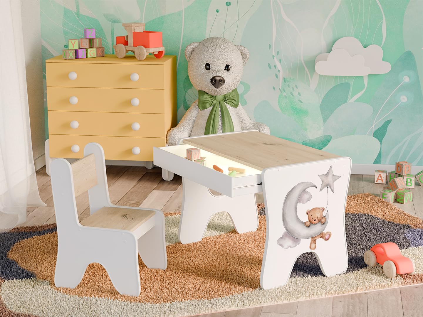 Happy Babies - Kinderschreibtisch-Stuhl-Set, ergonomischer Spieltisch mit geräumiger Schublade - Kinder-Lern- und Spieltisch - Kindermöbel, für den Kindergarten Teddybär (Handwerker)