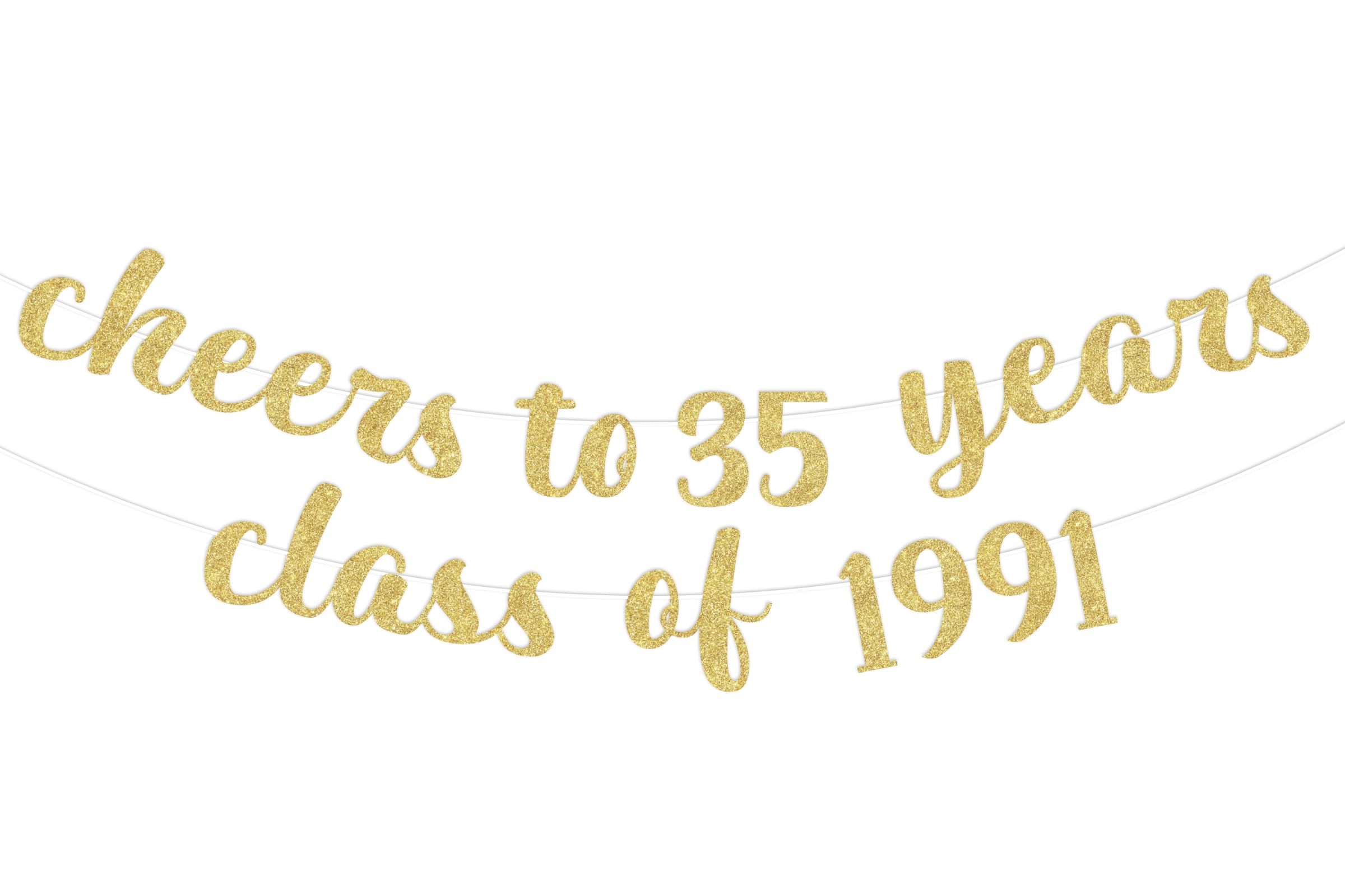 Jollyboom 35 Year Class Reunion Decorations, Cheers to 35 Years Class of 1991 Banner Gold Glitter for Happy 35th Anniversary Hanging Sign Photography Background Party Decorations