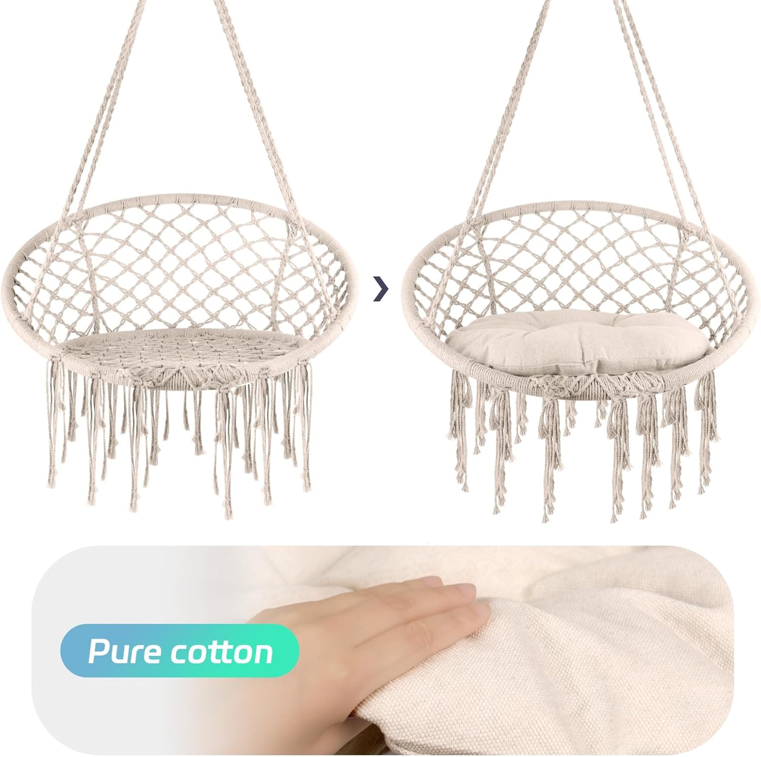 Hammock Chair Macrame with Stand & Cushion, 500 LBS Heavy Duty Swing Chair, 31.5" Wide Seat, Steel O-Rings for Indoor Outdoor Bedroom and Balcony Garden (Beige)