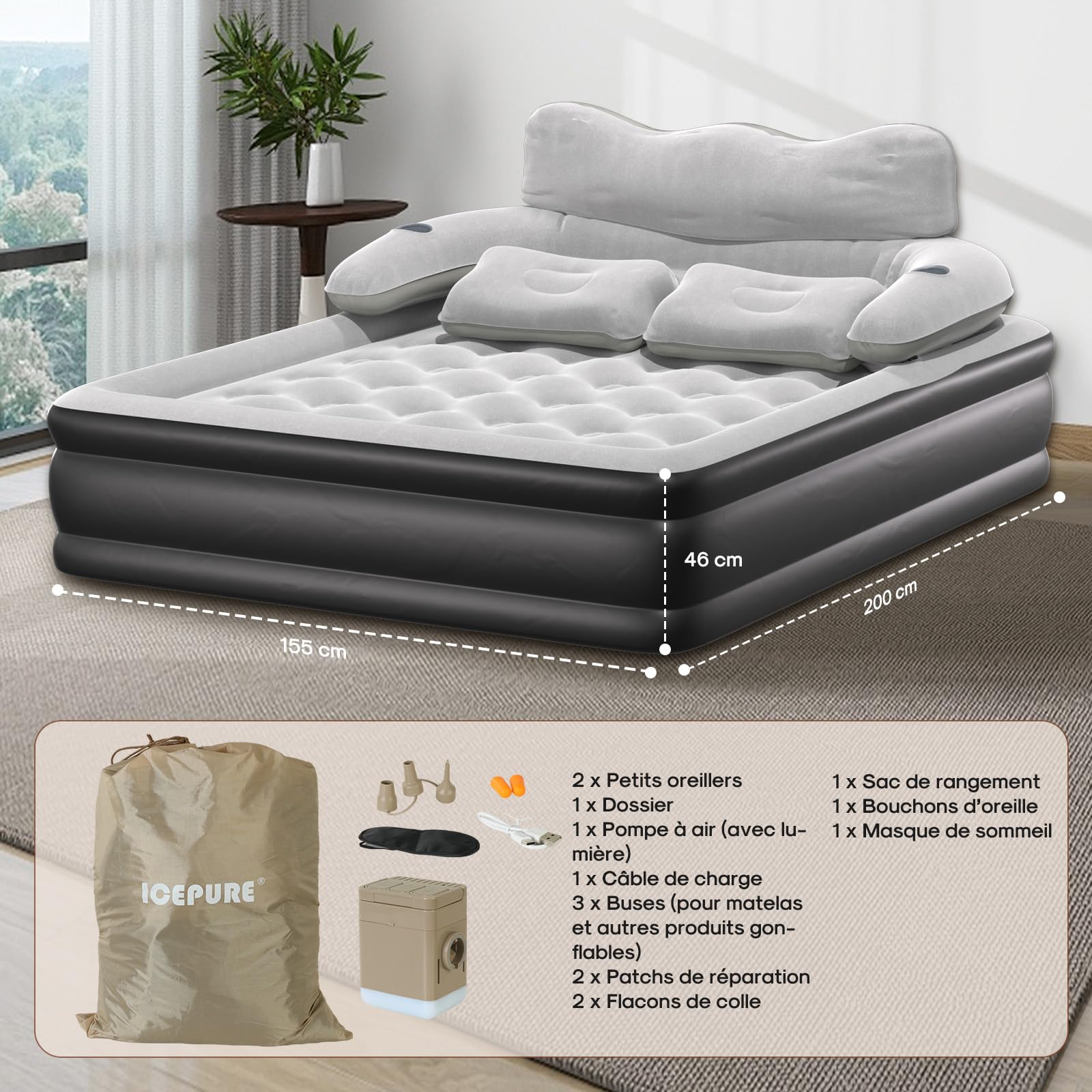 ICEPURE Matelas Gonflable 2 Personnes, 150x200x46CM,Dossier Amovible, 300 kg, Matelas Autogonflant 2 Personnes de 4000mAh et éclairage, adapté à la Peau, Robuste et Portable.