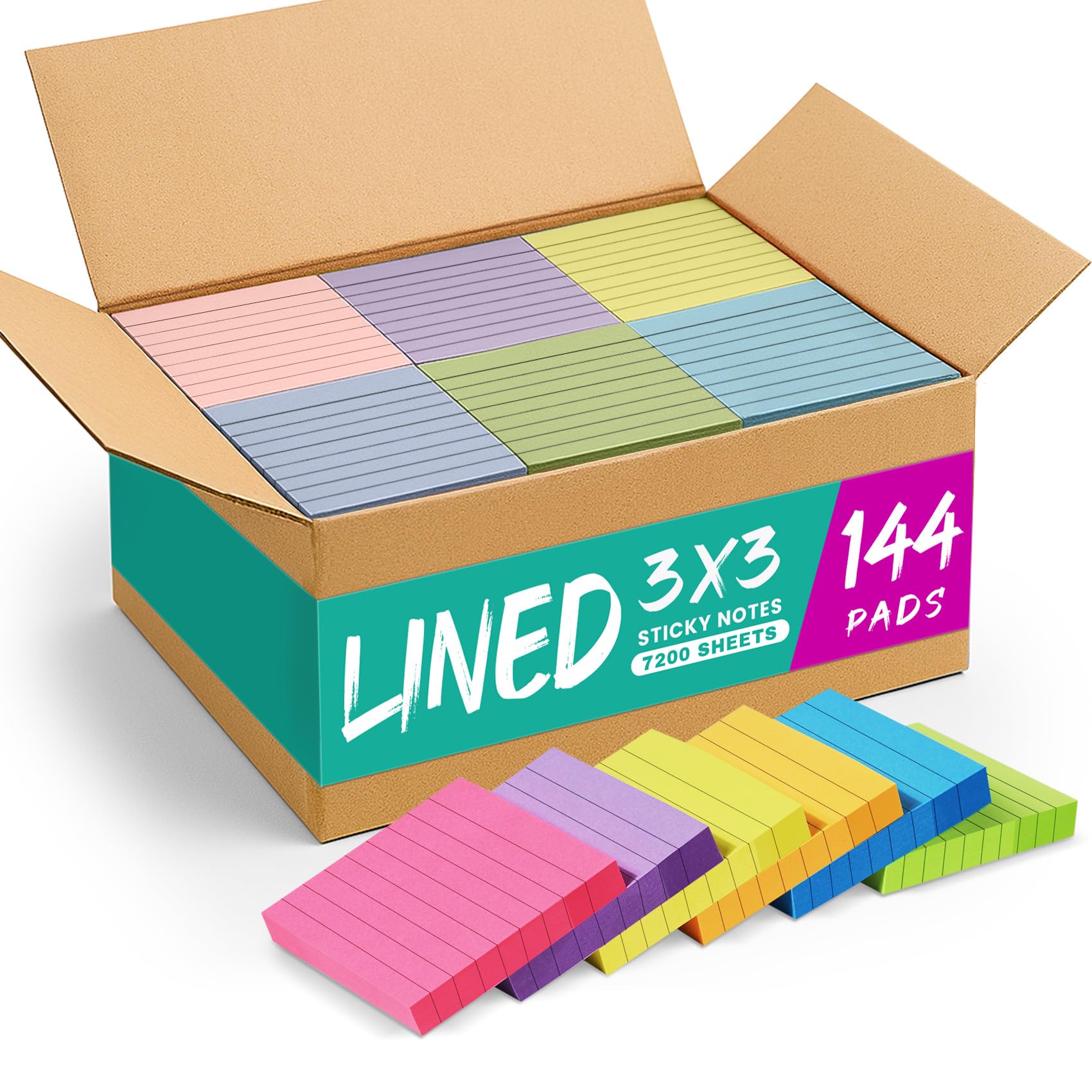 Foglietti adesivi a righe, 144 blocchetti, 7,6 x 7,6 cm, perfetti per ufficio, studio e organizzazione della vita quotidiana, luminosi