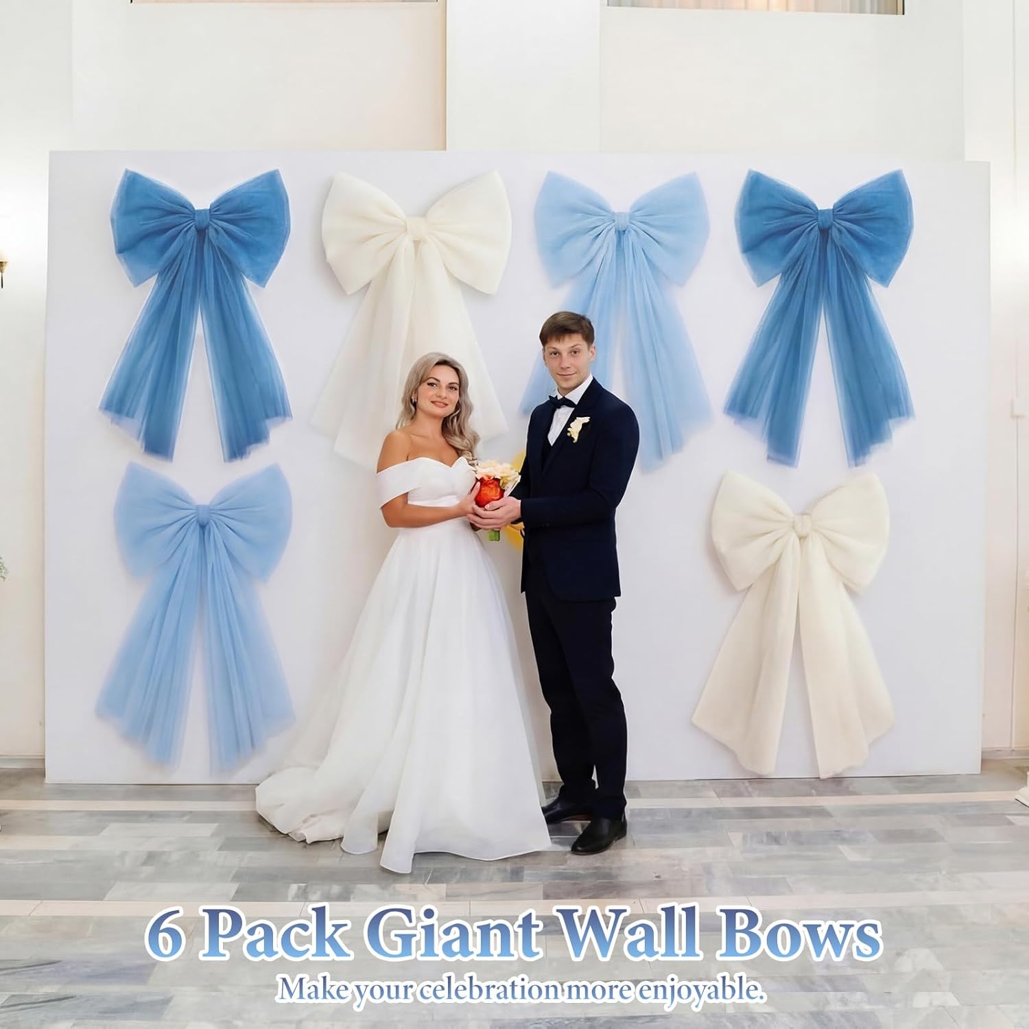 6 Pcs Large Mesh Bows for Backdrop Decor Cute Giant Premade Bows Big Tie Hanging Wall Decor for Coquette Room Graduation Baby Shower Birthday Wedding Bridal Shower, Iron-Free(Blue)