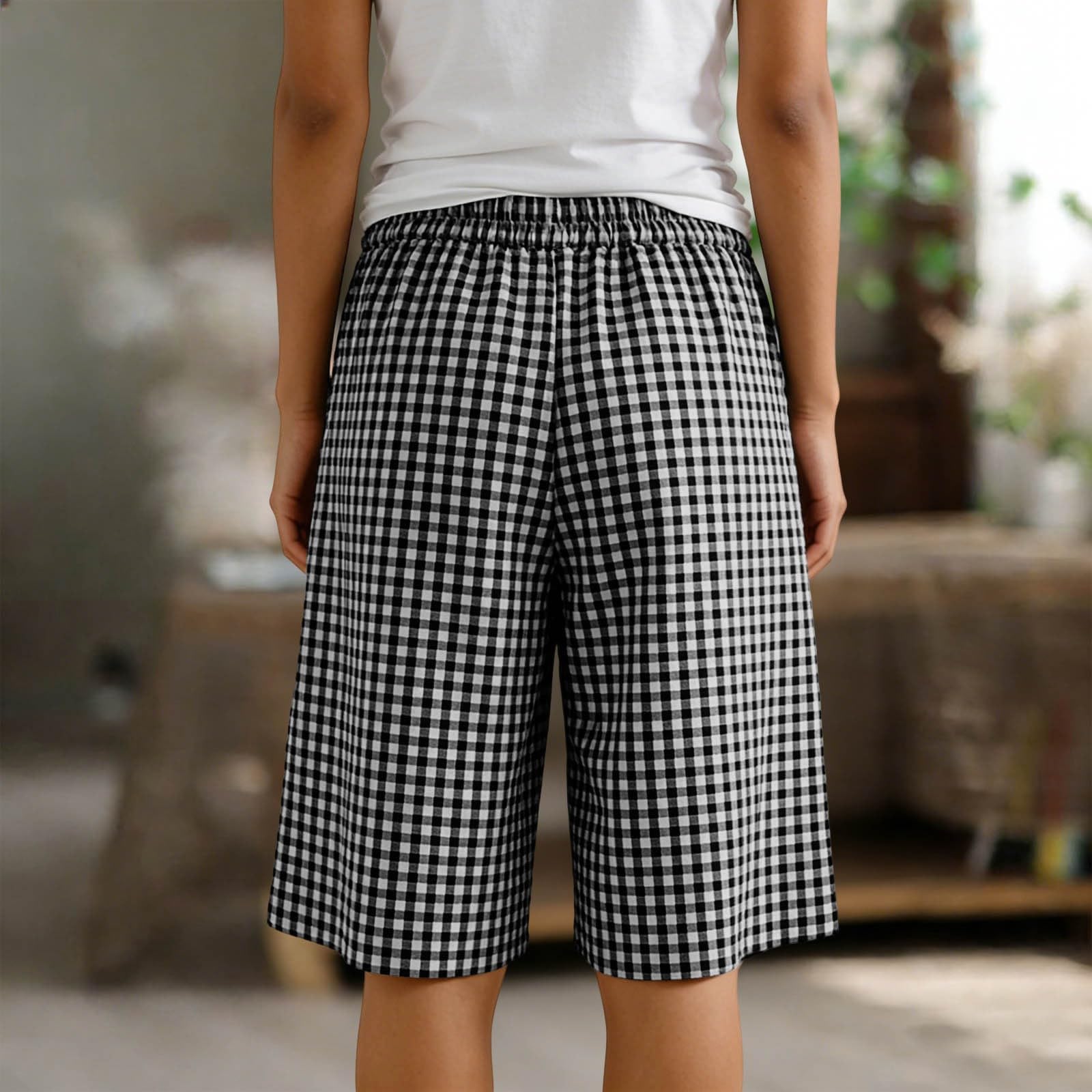 Short Long Vichy pour Femme avec Cordon De Serrage Taille élastique Short Large avec Poches Uni Coupe Ample Longueur Genou Bermuda D'été Décontracté pour Femme Coton