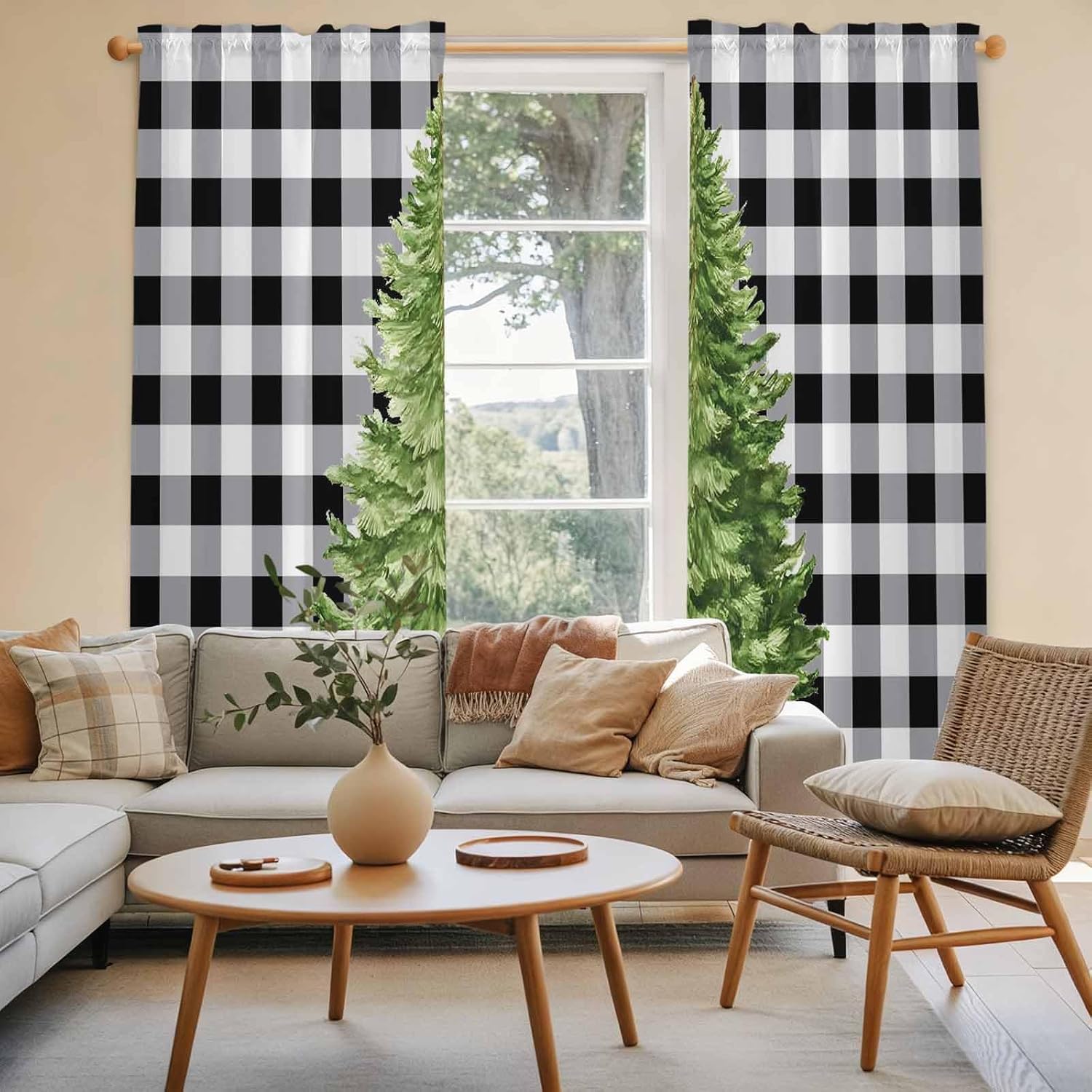 Christmas Tree Window Curtains 72 Inch Long 2 Panel Set,Rod Pocket Long Curtains & Drapes,White Black Plaid Farmhouse Xmas Holiday Light Filtering Window Treatment for Bedroom Living Room 52"W x 72"L