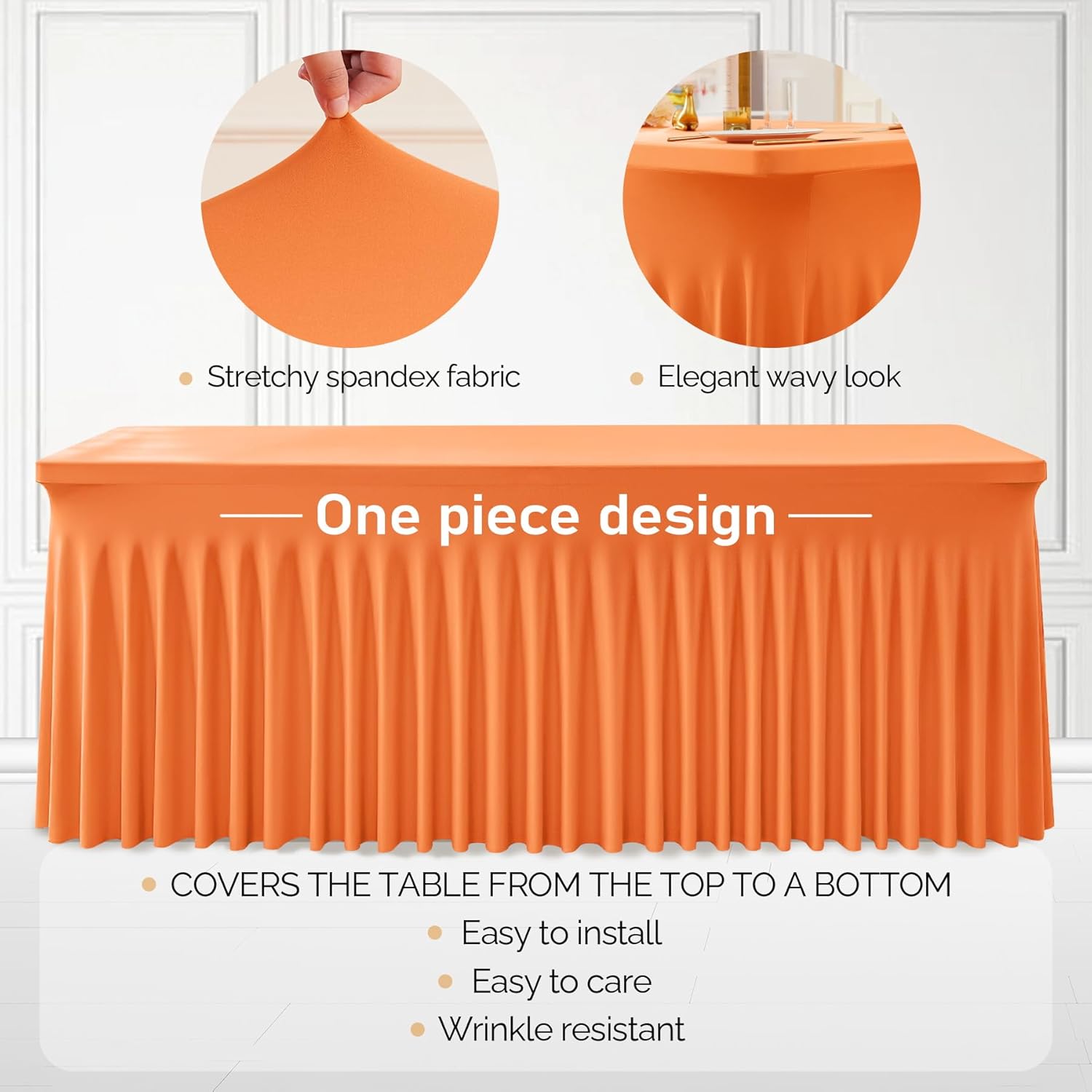 2 Packs Orange Table Clothes for 6 Foot Rectangle Tables, One-Piece Wrinkle Resistant Stretch Spandex Table Covers with Skirt for Event Banquet Wedding Birthday Party Orange 72" x 30" (6FT-2 Pack)