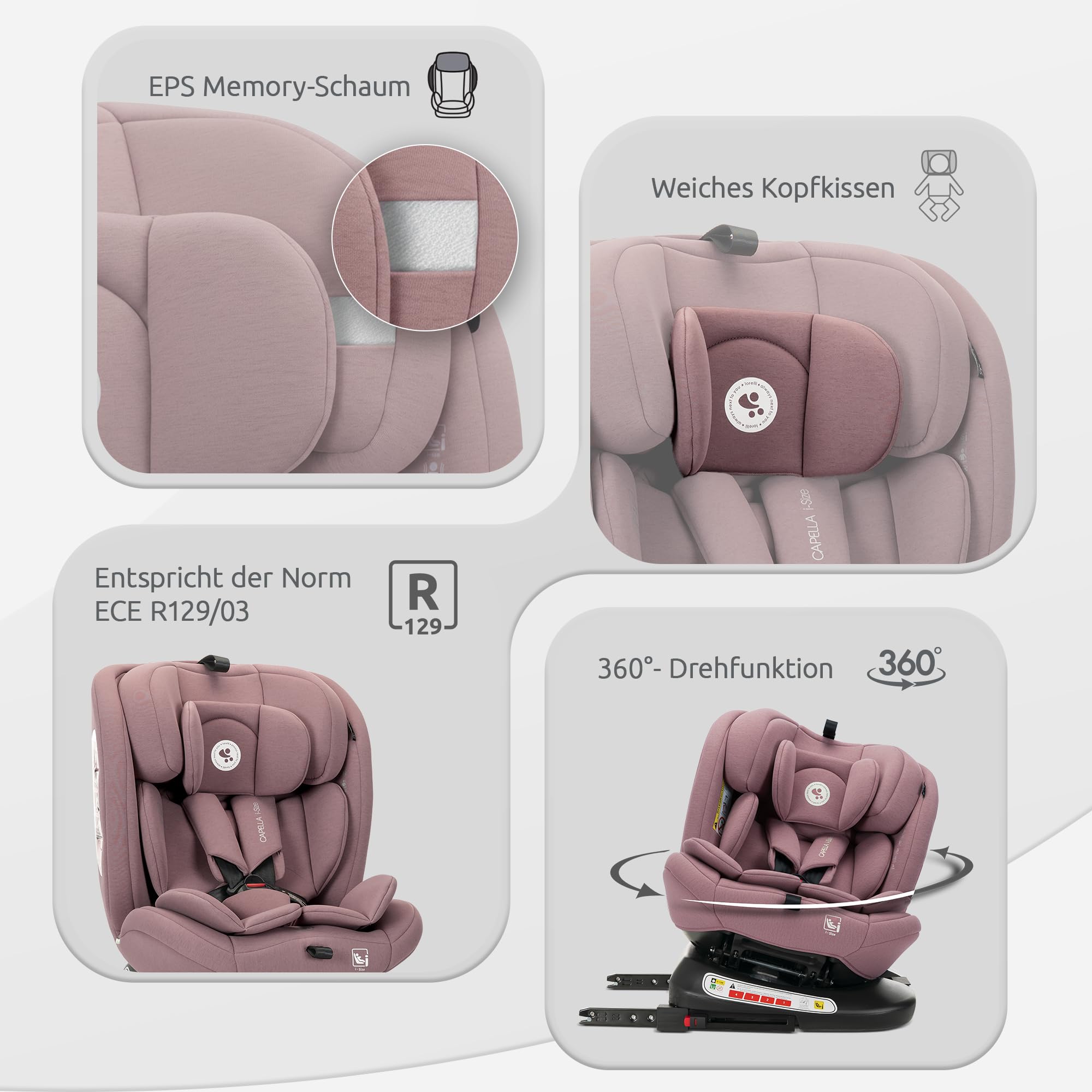 Lorelli Kindersitz drehbar 360 Grad i-Size 40-150cm mit Isofix, Mitwachsender Baby Autositz Capella, Gruppe 0+/1/2/3, 0-12 Jahre, 0-36 kg, Auto Babysitz ab Geburt, 5-Punkt-Gurt, Rosa