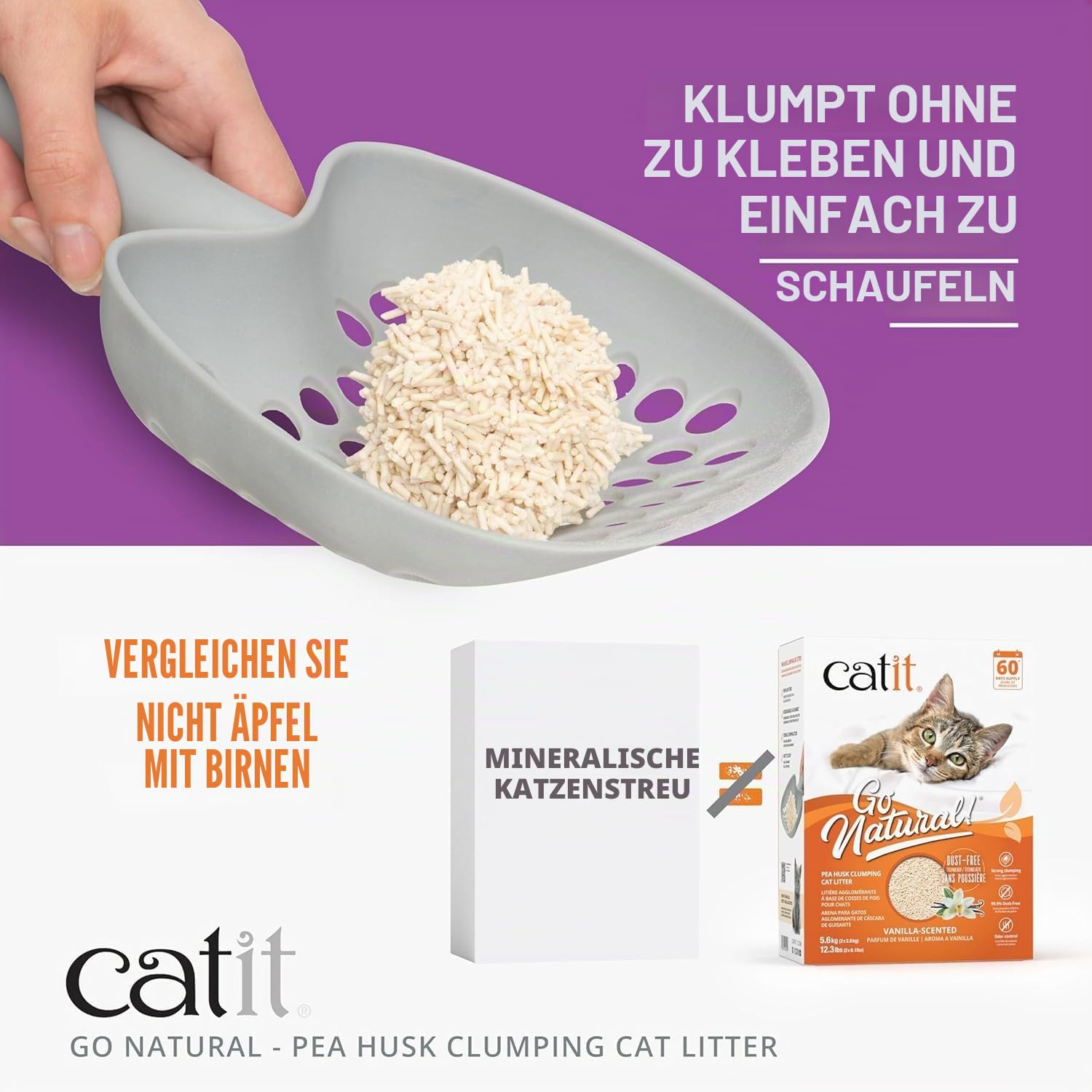 Catit Go Natural, Katzenstreu klumpend mit Lavendelduft, aus natürlichen Erbsenhülsen, 99,9% staubfrei, starke Geruchsbindung, leicht ausschaufelbar, für bis zu 60 Tage, 5.6 kg