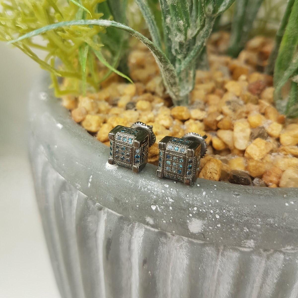 Dazzlingrock Collection 0.50 Ctw Round Blue Natural Diamond 6.85 mm Dice Hip Hop Studs in Black Plated 925 Sterling Silver, Screw Back,Unisex Design Ladies,Mens Real Diamond Earrings