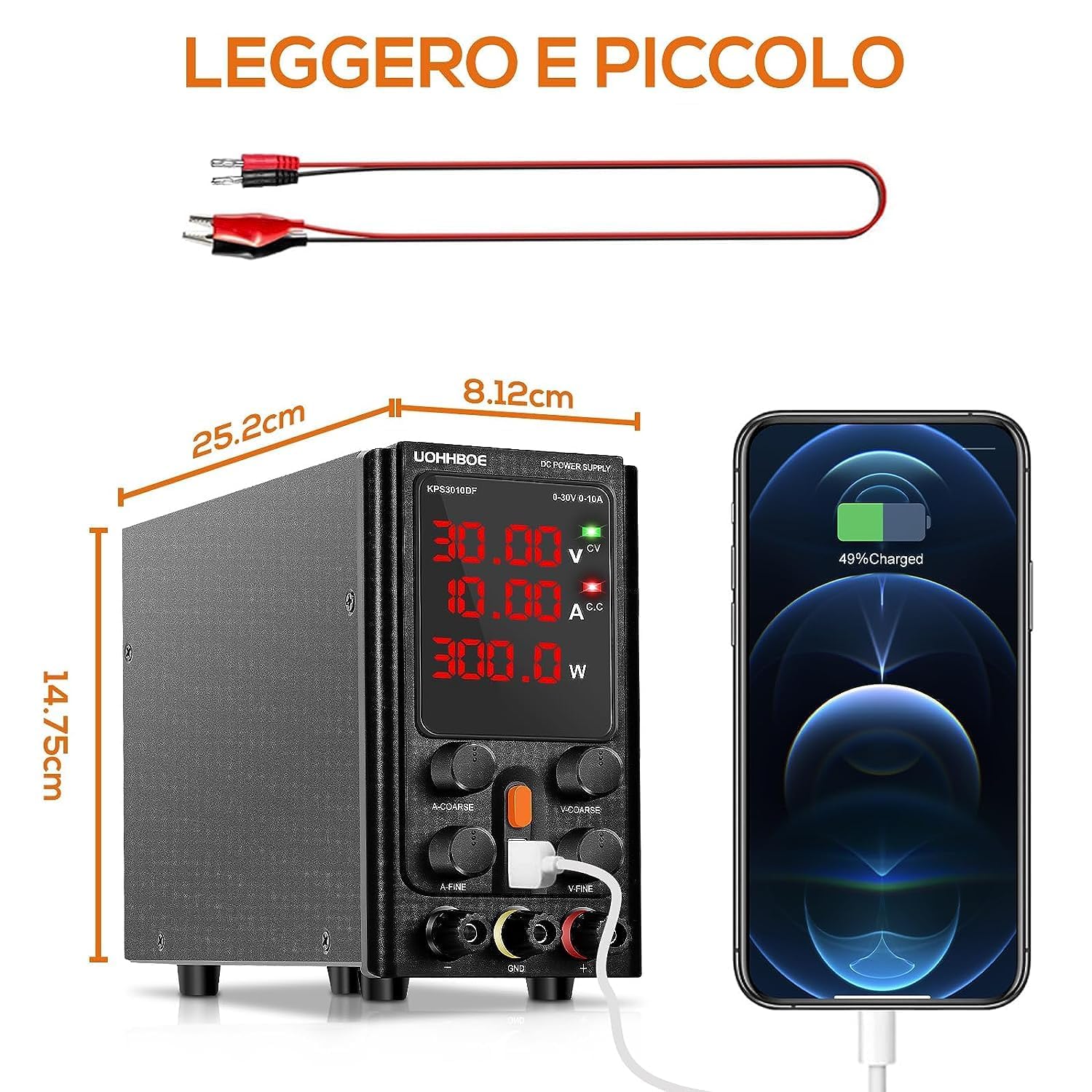 UOHHBOE Alimentatore da Labotorio Alimentatore Stabilizzato Banco 30V 10A Alimentatore DC Regolabile con 4 Cifre Display LED, Regolazioni Grossolane e Fini, Ricarica 5V/2A USB Linea di Prova