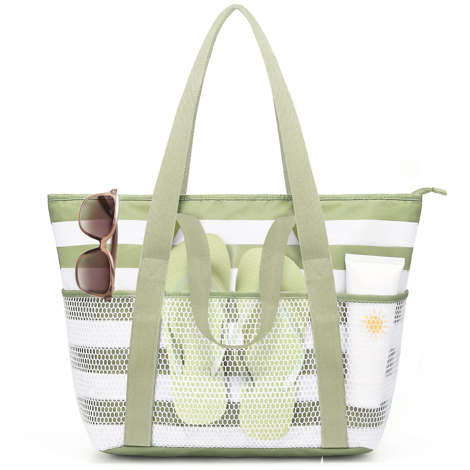 beifon Strandtasche XXL Familie mit Reißverschluss, Strandtasche Damen Große Wasserdicht Faltbar, Mesh Badetasche Beach Tote Bag Strand Tasche Shopper für Strand Reisen Urlaub