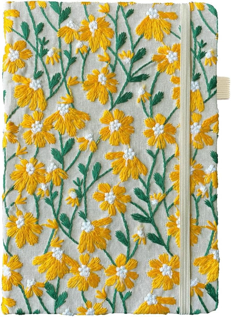 Daisy Gift, Flower Journal, Embroidered Notebook, Beautiful Journals for Women, 8"x6", Hardcover, Lay Flat, A5, Lined Paper, Wide Ruled Page, Writing Journal, Yellow Daisy, with Elastic Band