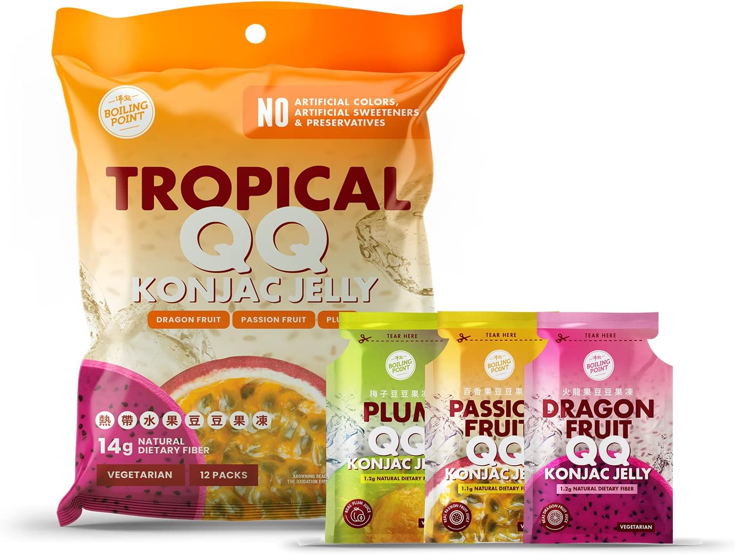 Boiling Point Jelly Fruit Konjac Jelly Tropical QQ Jelly - Tropical Fruit (Dragon Fruit/Passion Fruit/Plum), Healthy Natural Fruit Snacks for Kids & Adults, Gluten Free, Individual Packs (12 Pack)