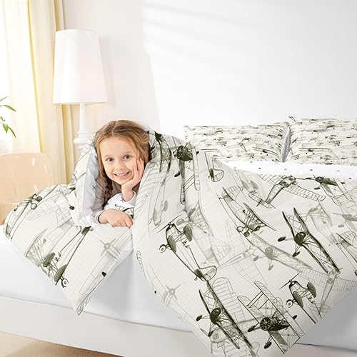 Miniatura 7 de Homewish Juego de edredón de 3 piezas, tamaño King, diseño de avión con bocetos para niños, adolescentes, decoración de dormitorio de cielo,