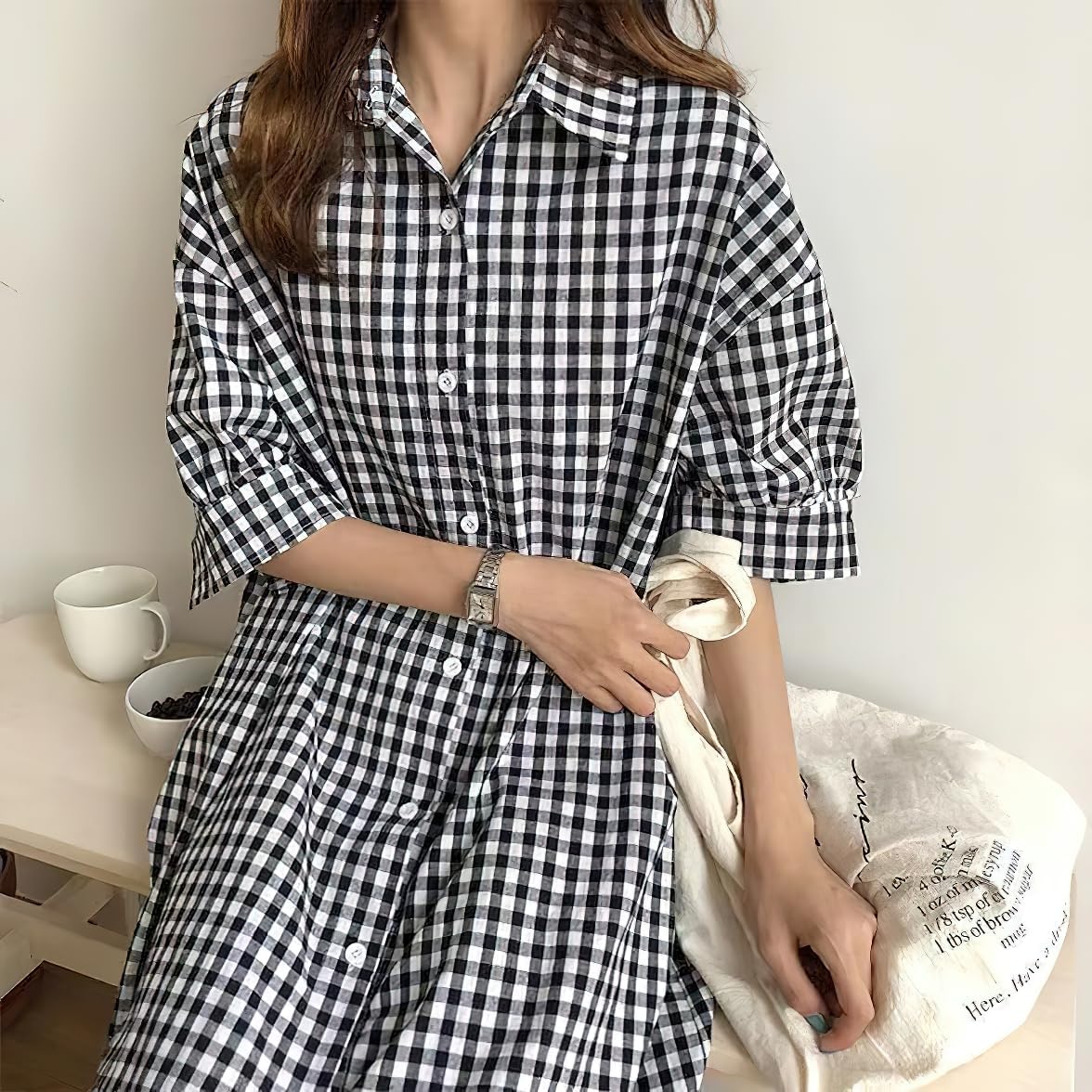 chouyatou Women's Summer Casual Short Sleeve Cotton Gingham Dress Plaid Midi Long Shirt Dress - Image 6
