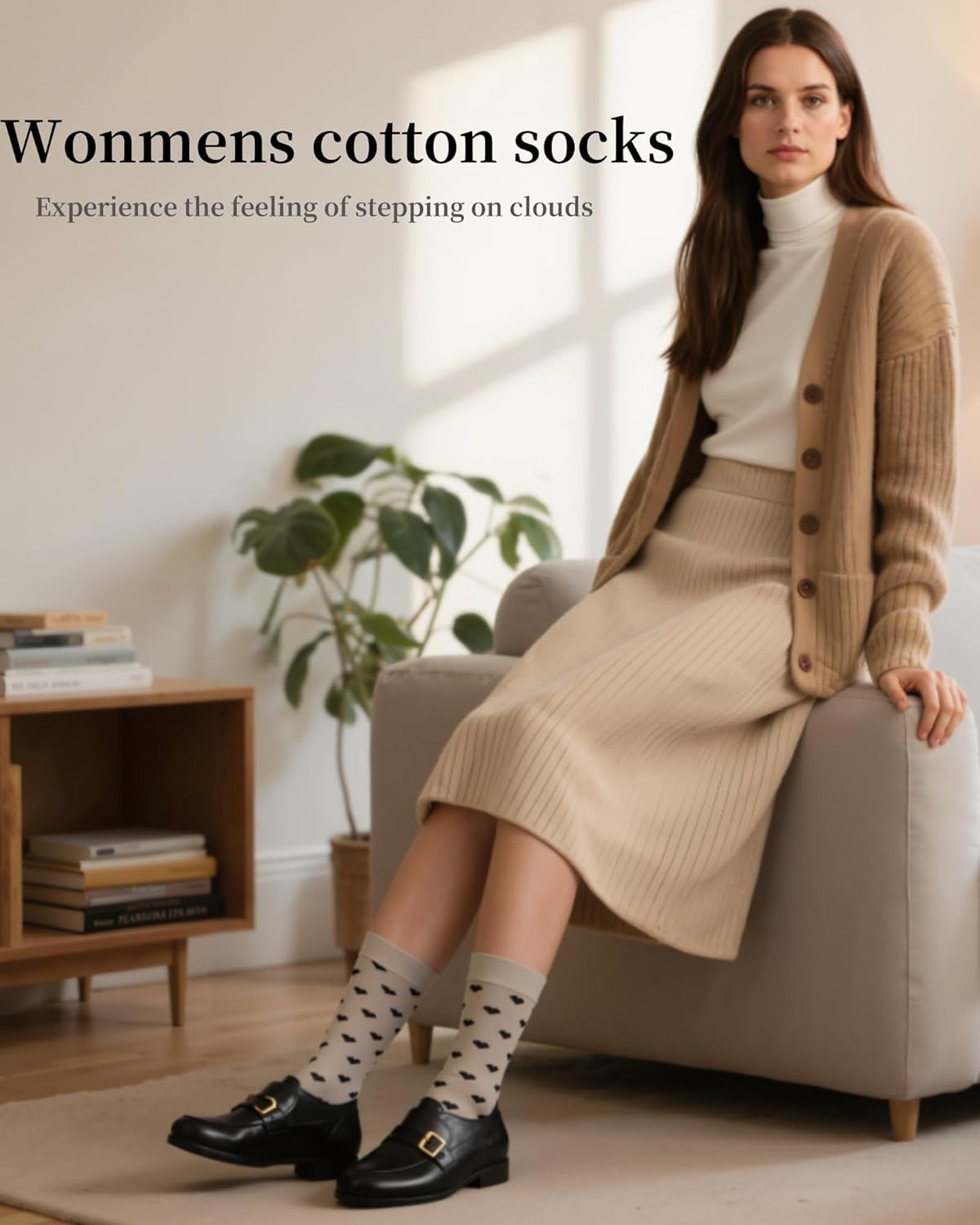 6 Pairs Womens Cotton Crew Socks, Casual Soft Calf Dress Socks Heart Striped Pattern - Image 6