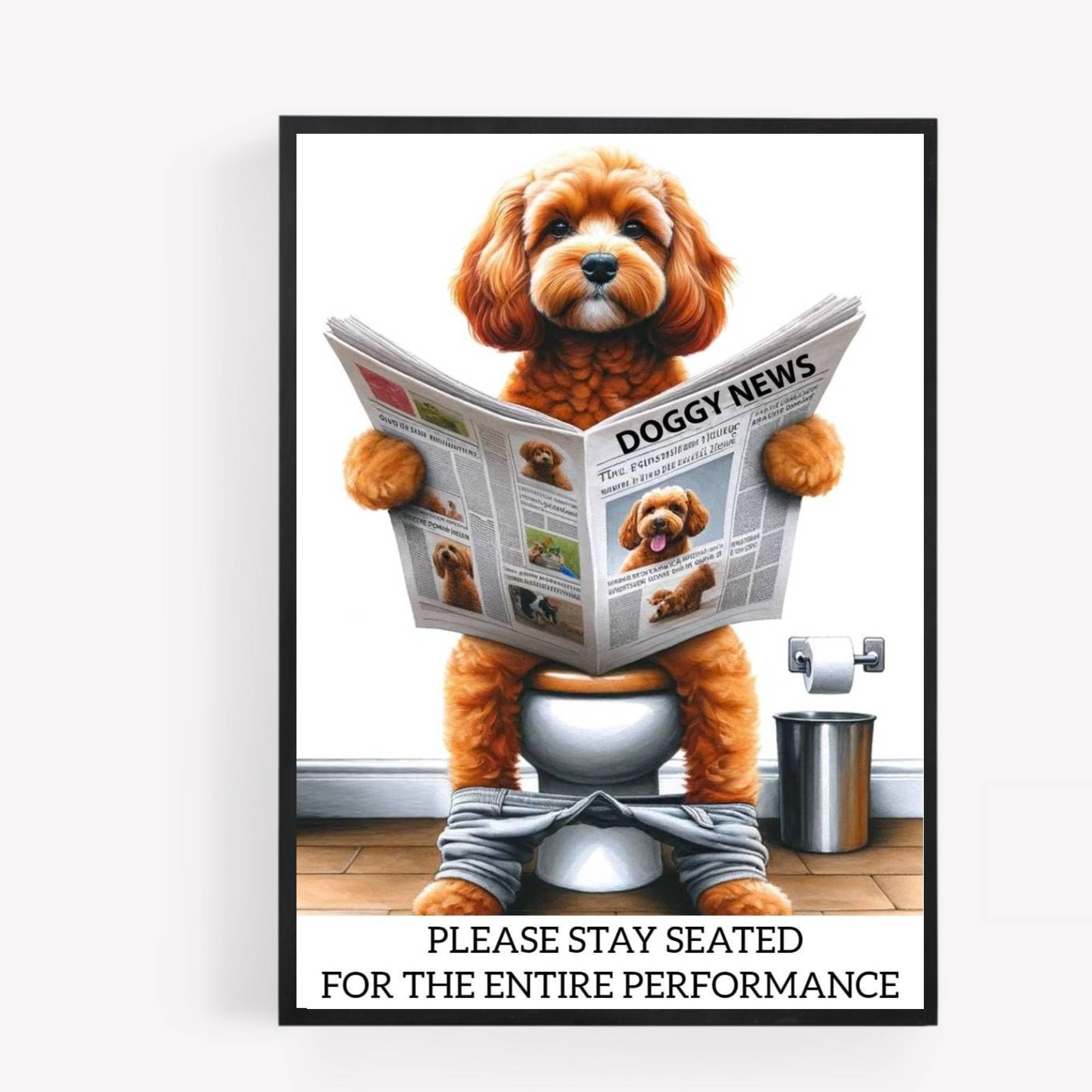 gfc Funny Bathroom Toilet animal Print Picture Poster cockapoo cavapoo dog on a toilet reading newspaper A4 UNFRAMED wall art Home decor Decorating be sated for the entire performance tan