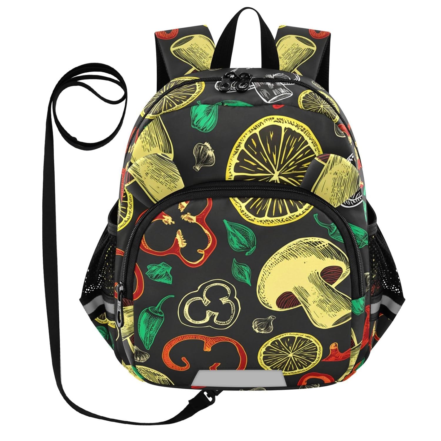 Mushroom Peppers Black Toddler Harness Backpack for Boys Girls 3-6 Years Kids Backpack with Anti Lost Safety Leash Baby Harness Bookbag for Travel Preschool Walking