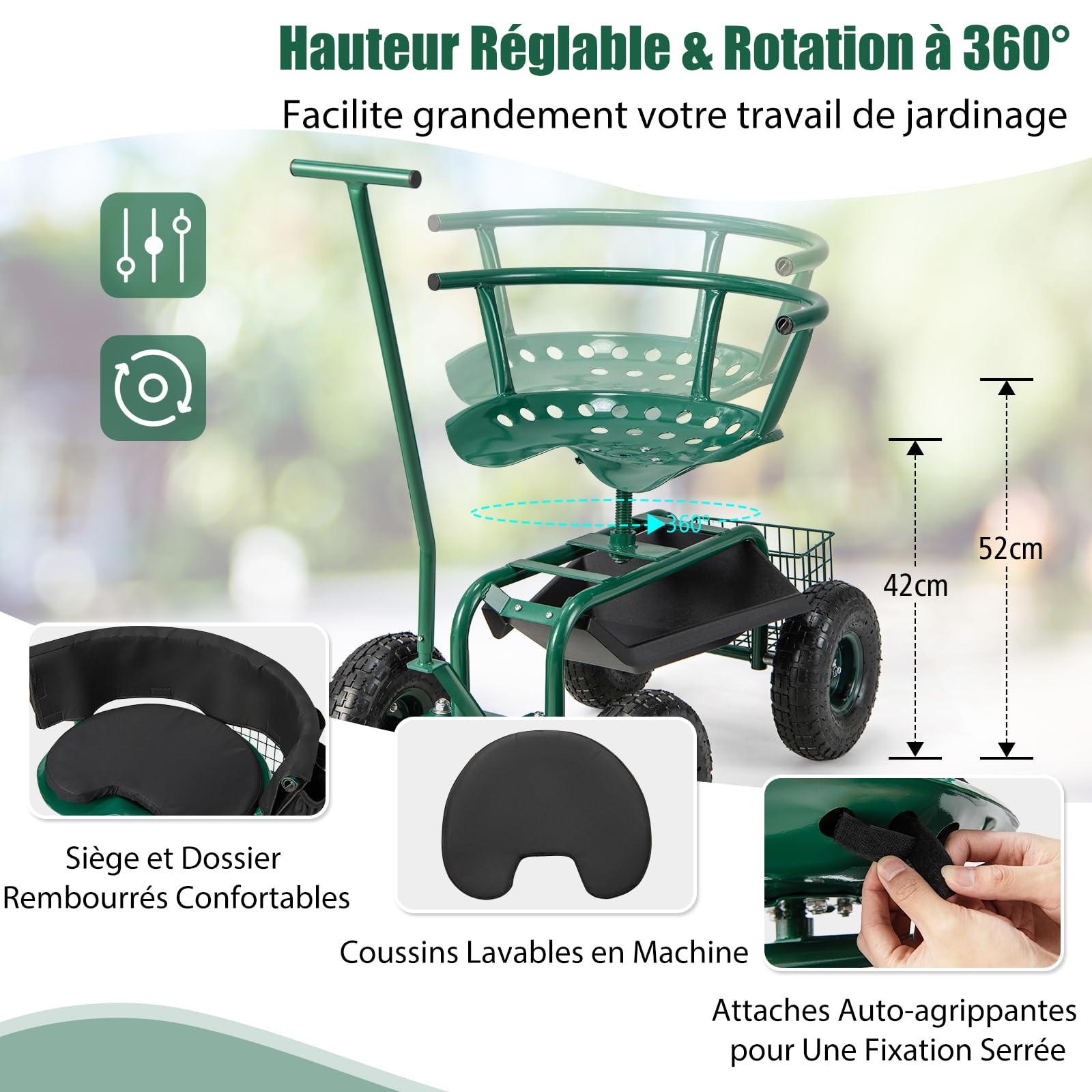 GOPLUS Siège de Jardin Roulant, 2 Poignées de Direction, Tabouret de Jardinage Roulant avec Siège Pivotant 360°& Hauteur Réglable(42 à 52cm), Extérieur, Vert
