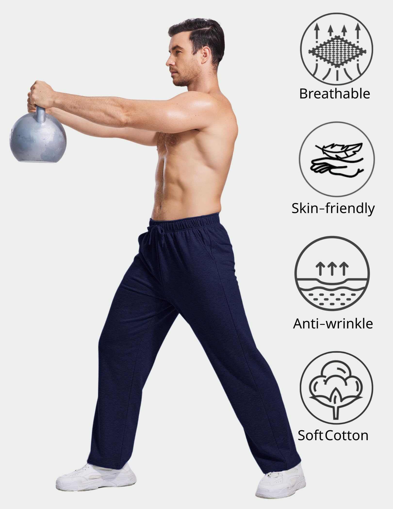 PINSPARK Pantalon de jogging en coton pour homme - Pantalon de sport léger - Taille élastique avec cordon de serrage - Pantalon de survêtement avec poches - Pantalon de yoga - Pantalon de maison