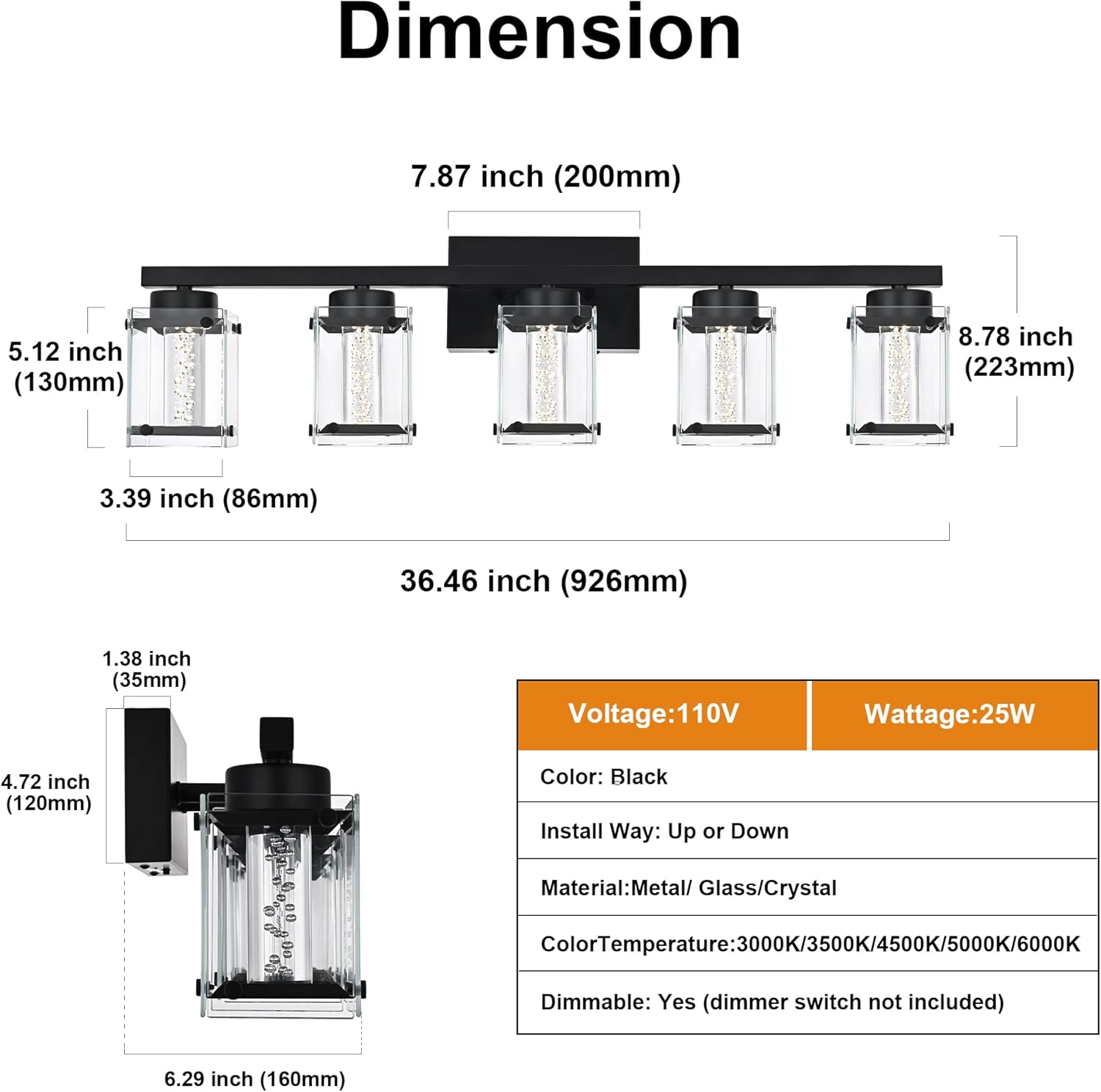 VINLUZ 5-Light in Black Finish Vanity Light with 5 Color Modes,Dimmable Modern Wall Mounted Lighting Over Mirror, LED Bathroom Light Fixture with Clear Glass Shade and Crystal Bulb