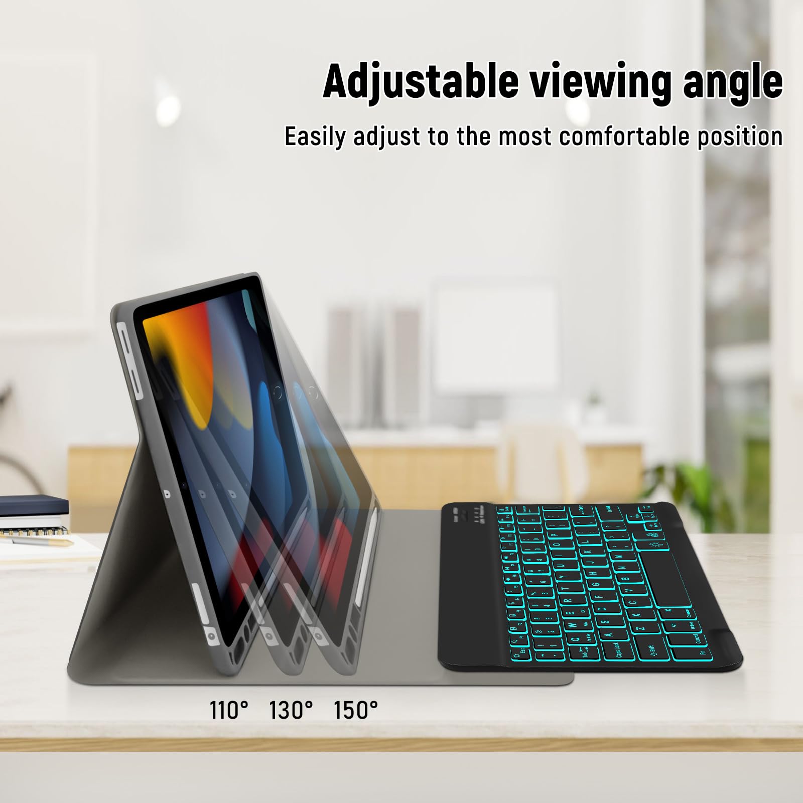 Lielax Funda de Teclado para iPad de 10.2 Pulgadas 2021, Funda Protectora con Soporte para lápices Teclado inalámbrico Desmontable, Negro