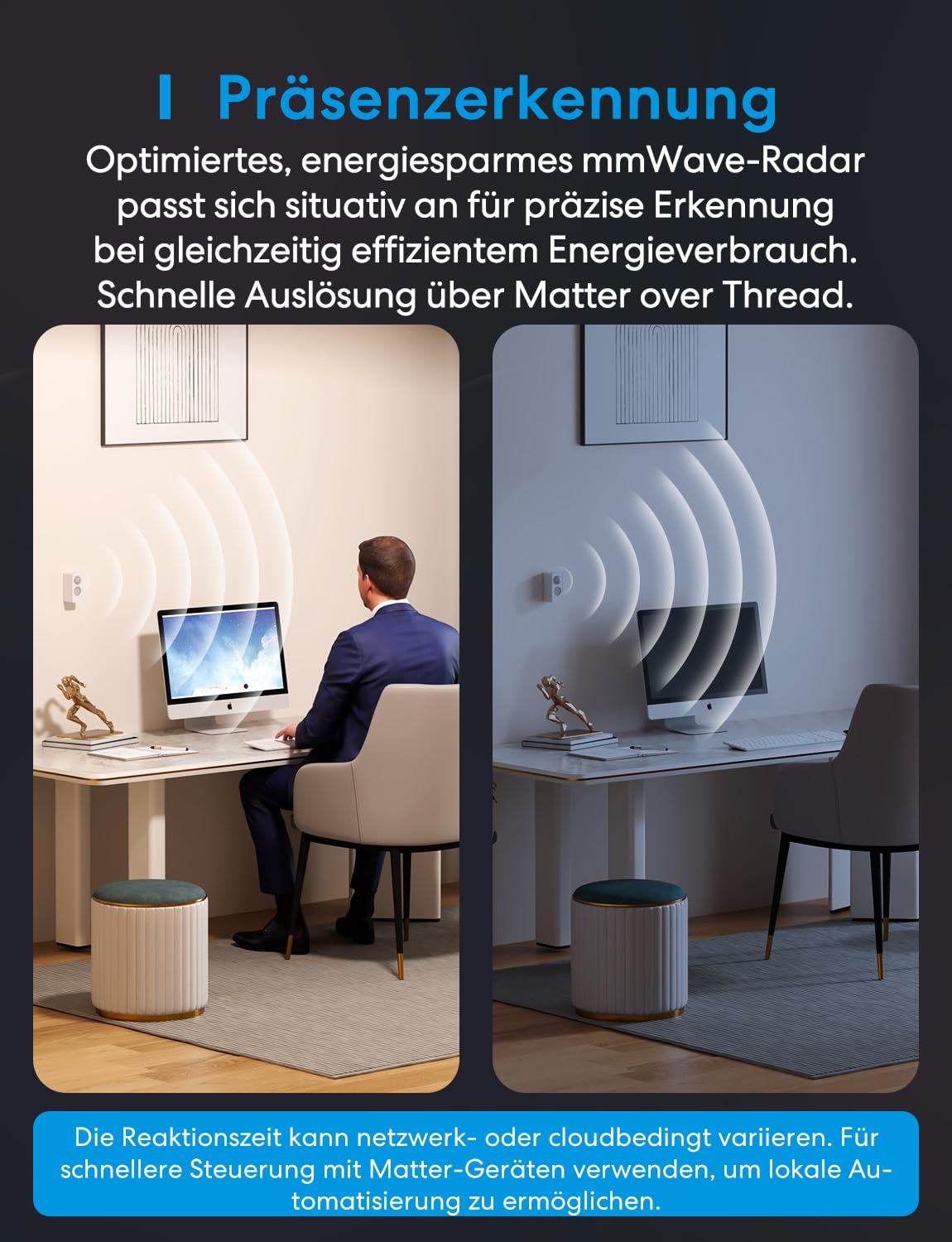 Meross Präsenzmelder Matter Over Thread, Smart Anwesenheitssensor IP67 mit 3-Zonen-Erkennung, Bewegungsmelder Innen Batteriebetrieben Kompatibel mit Apple HomeKit, Home Assistant, Alexa, Google Home