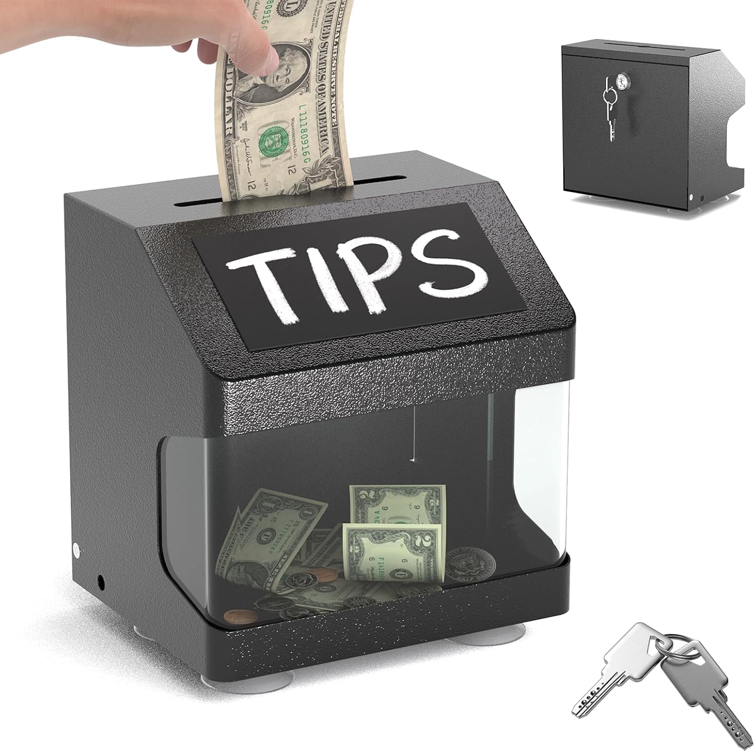 POCHAR Metal Tip Box - Tip Jar with Lock & Keys - Suggestion Box Offering Prayer Voting Boxes with Chalkboard Label, Locking Latch - Black Donation Boxes for Fundraising Church, 7.9" x 6.3"
