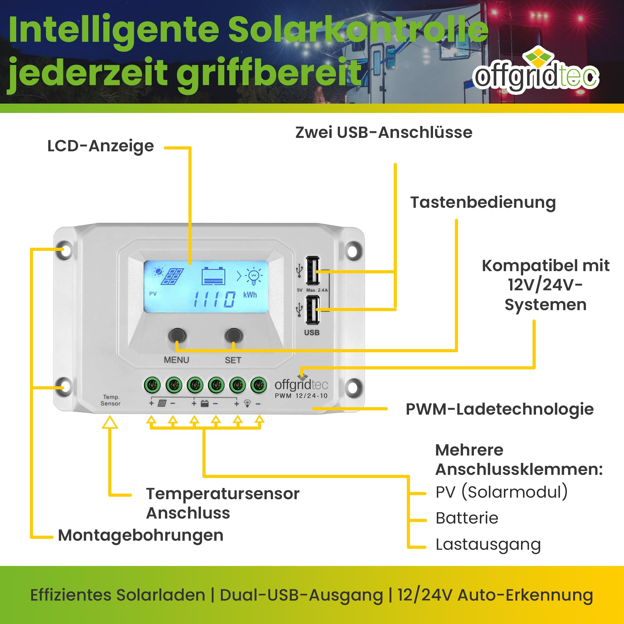 Offgridtec PWM Pro regolatore di carica 12 V/24 V 10 A USB