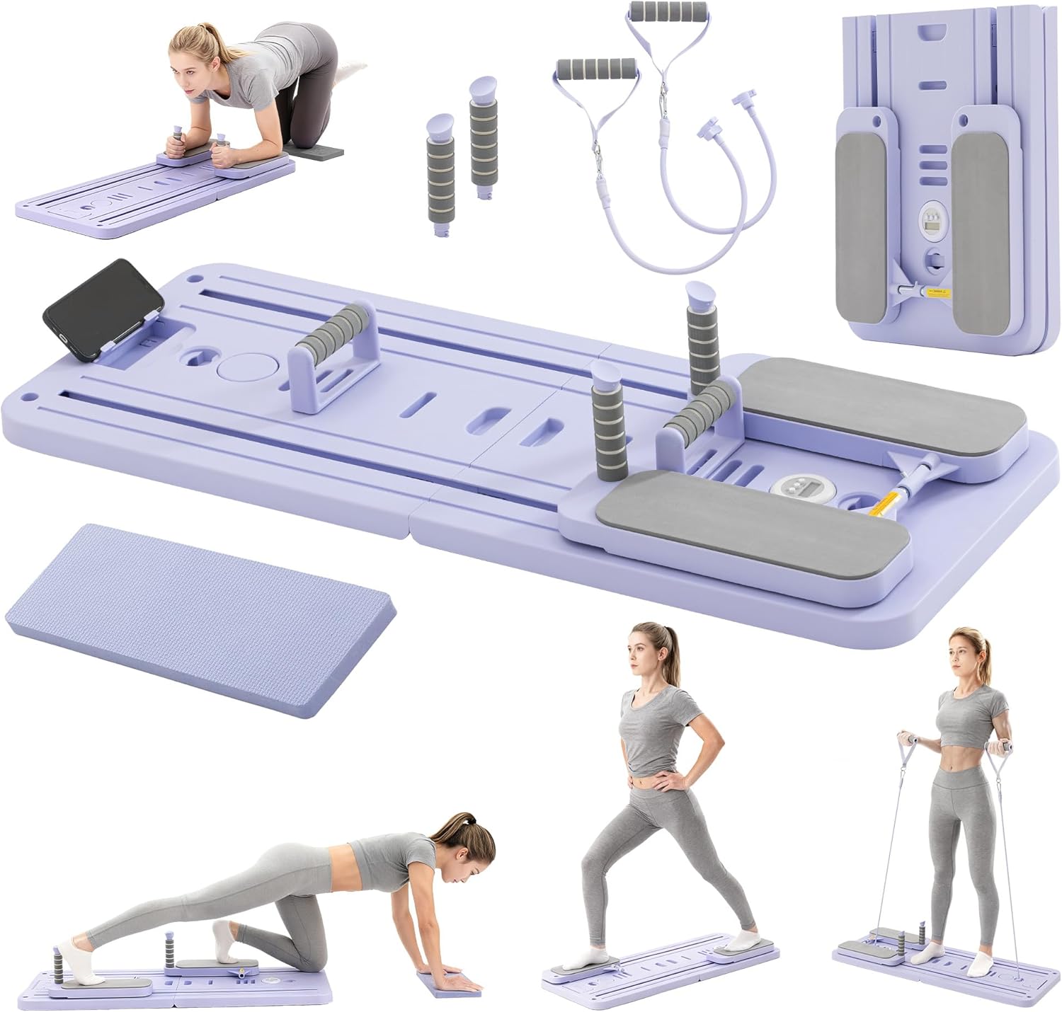 Pilates Board for Home Use,Foldable Pilates Reformer Set with Resistance Bands,All-in-One Professional Workout Fitness Equipment for Core,Glutes,Abs,Legs,Butt,Arms Toning