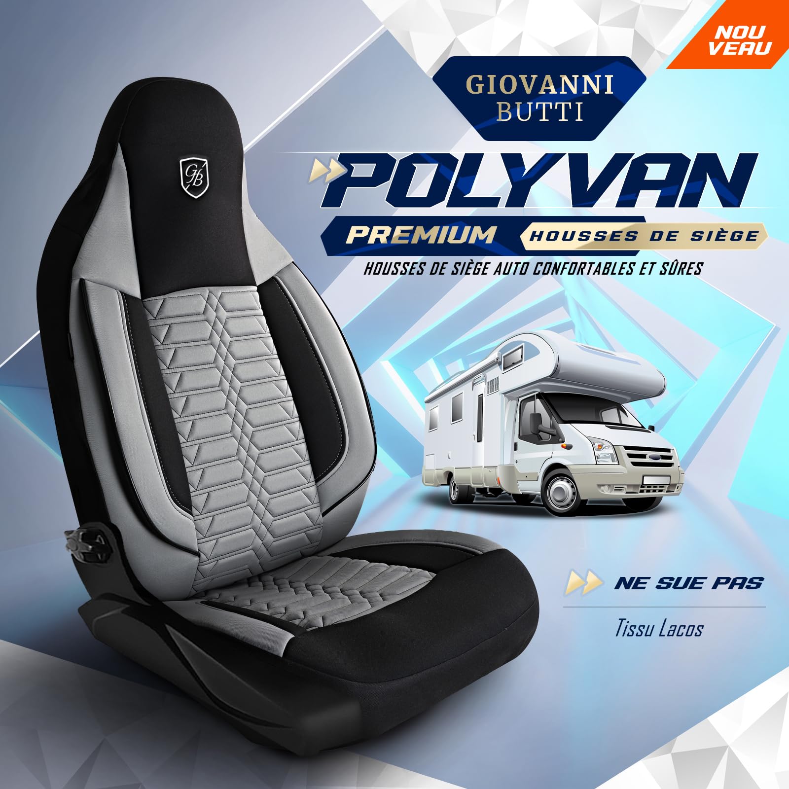Housses de siège universelles pour camping-cars et caravanes - Housses de siège avant en tissu Lacoste, gris-noir, airbag-compatible, protection pour sièges, ensembles pour sièges avant