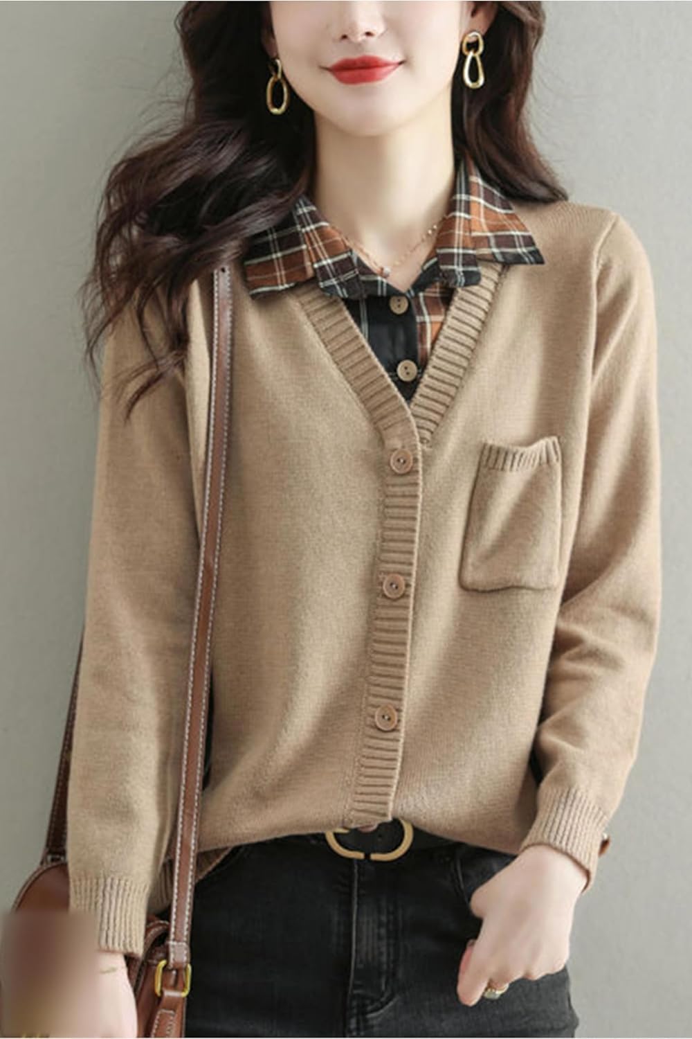 LAI MENG FIVE CATS Women's Casual Collared Knit 2 in 1 Pullover Shirt Long Sleeve Blouse Top - Image 3