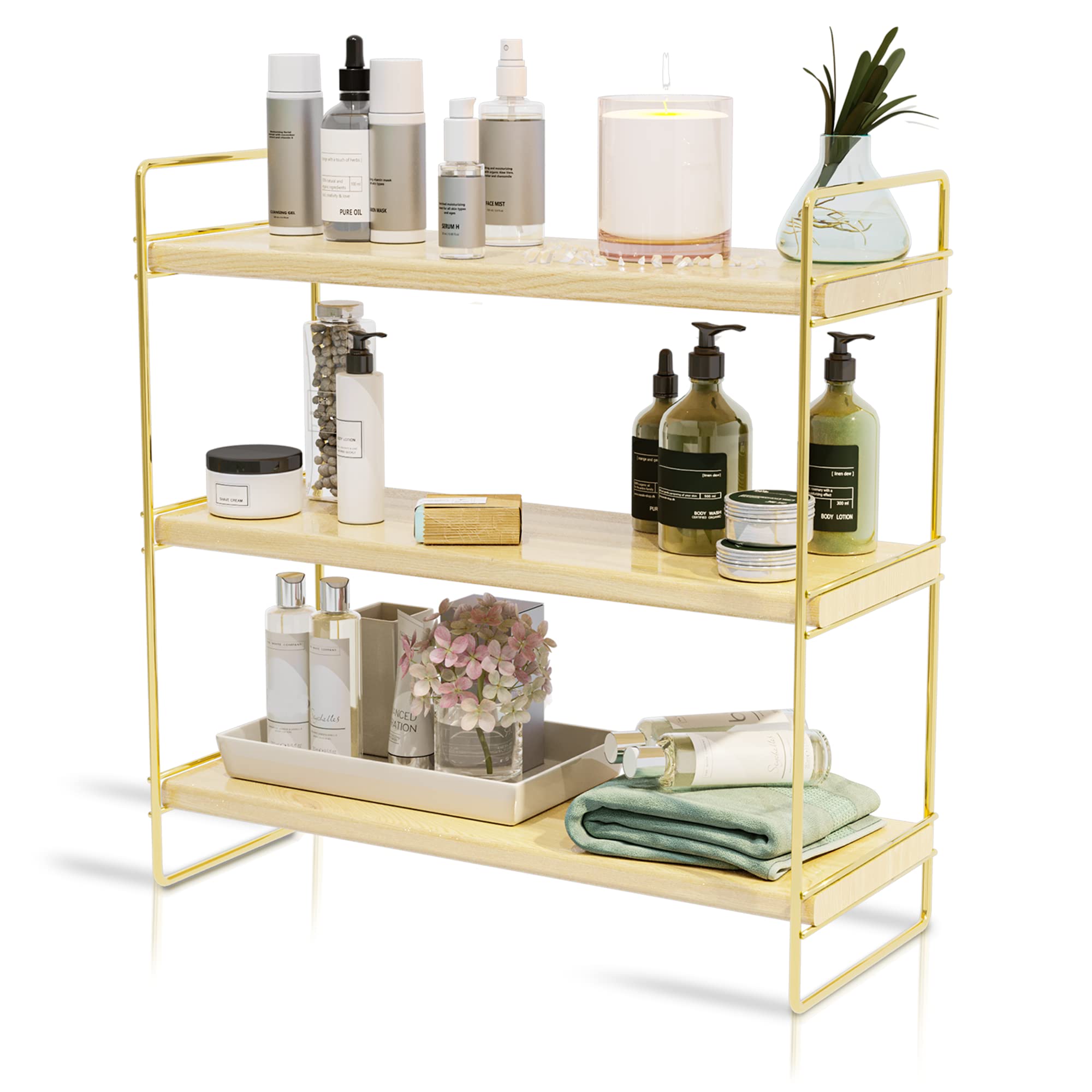 Gold Metal 3-Tier Varnished Waterproof Wooden Stand, Multipurpose Organizer for Bathroom, Bedroom, Kitchen Countertop, Spice Rack, Coffee Station, Cup Holder, Tea Box Organizer