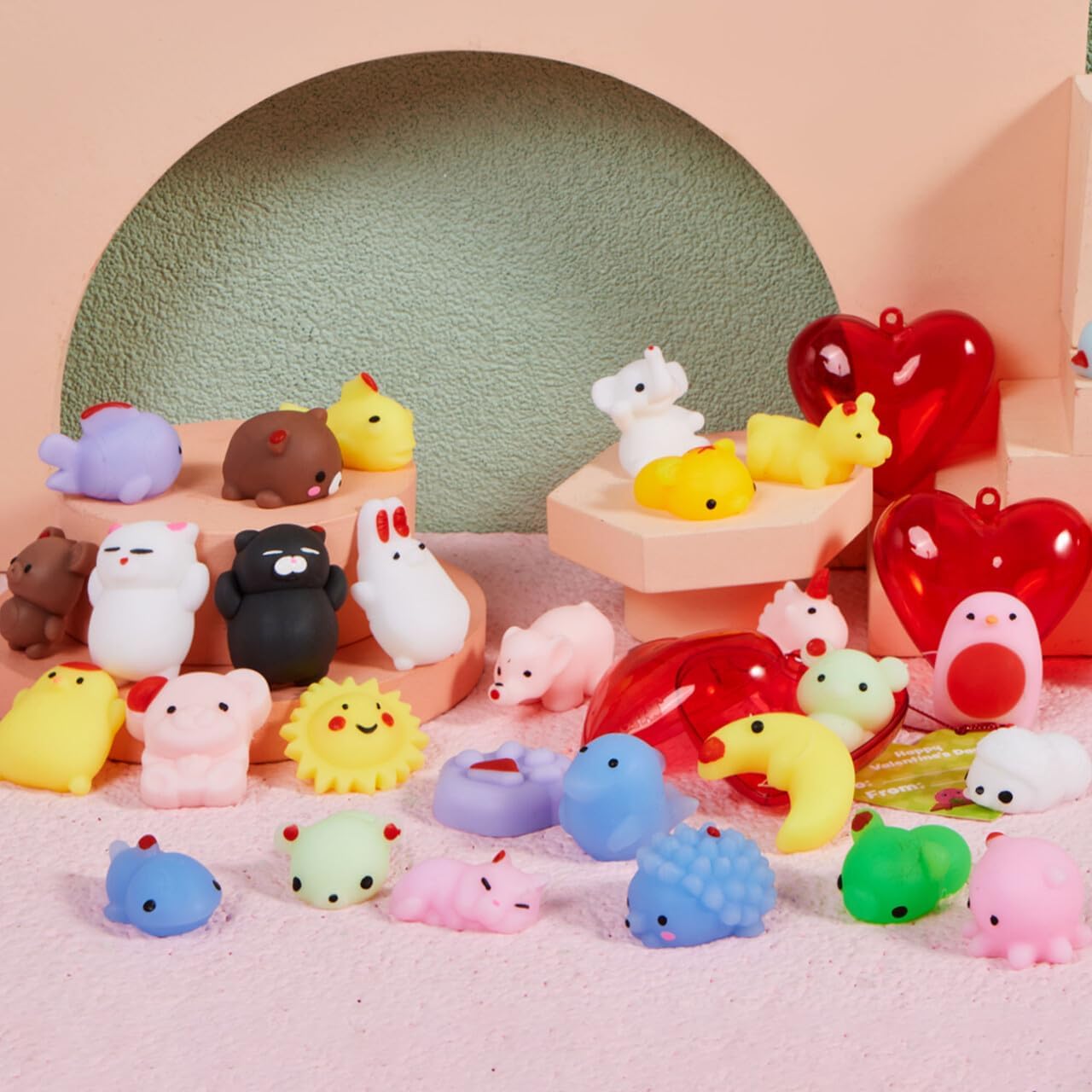 JOYIN 28 PCS Mochi Squishy Toys with Valentine Cards and Filled Hearts Party Favors for Kids Valentine Gifts Classroom Exchange, Kawaii Stress Relief Toy for Valentine’s Day Gift Exchange, Game Prizes