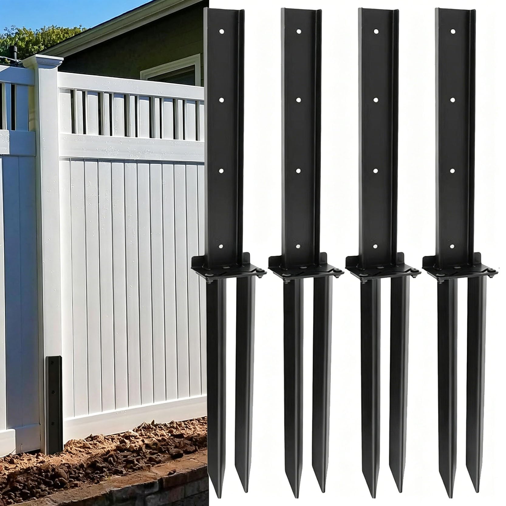 LQSYBHD 4 Pack Fence Post Repair Kit for Fixing Leaning or Broken Wood Posts Heavy Duty Steel Ground Spike Anchor No Dig Drive-in Support for Yard Garden Fence