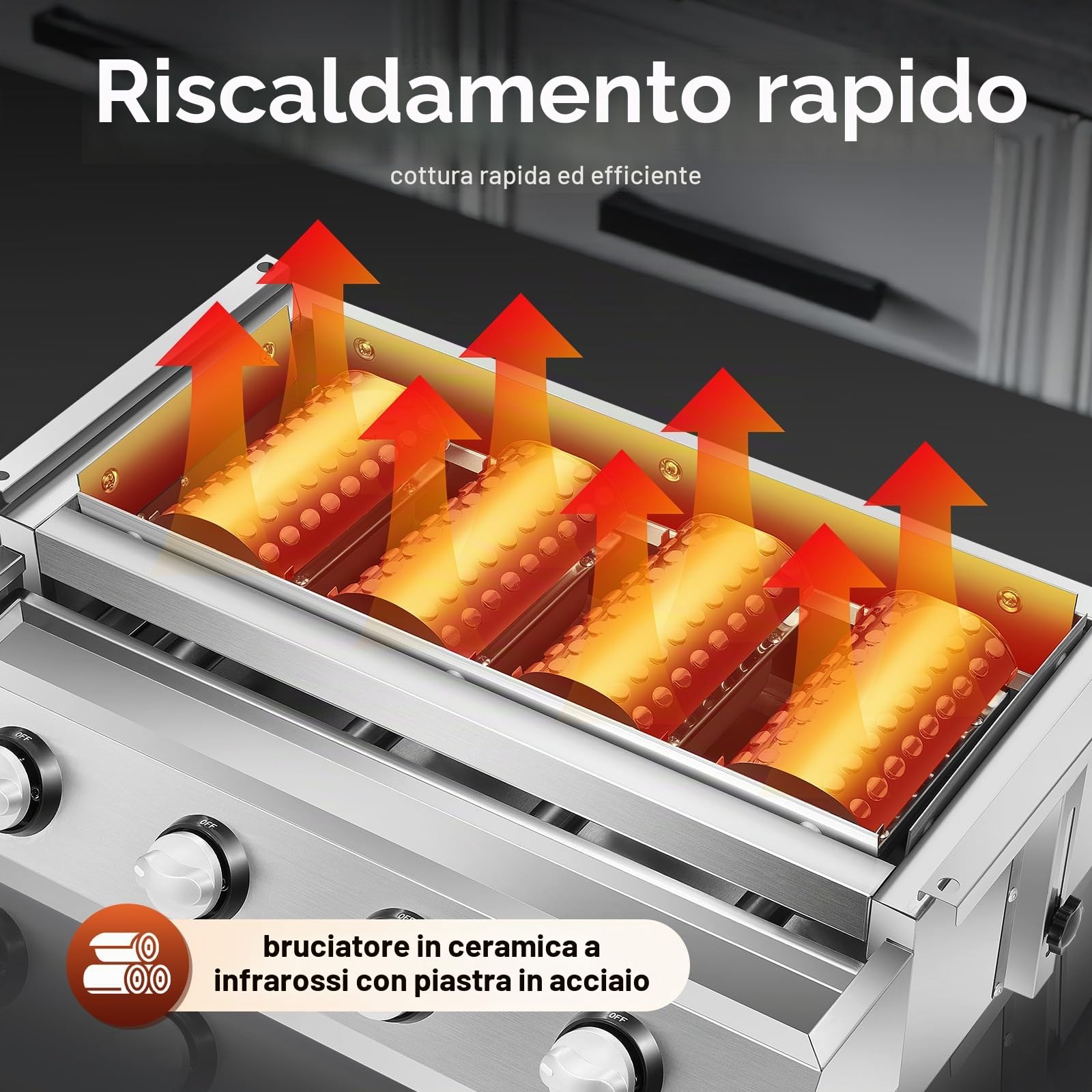 Griglia a gas a 4 fiamme, portatile, in acciaio inox, da tavolo, a gas, con 4 piastre in acciaio, colore argento, regolabile in altezza, per campeggio, riunioni