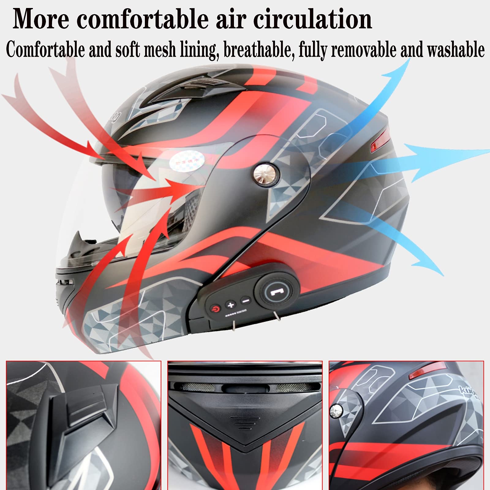 Motorrad Integrierter Bluetooth-Helm, Klapphelm ECE-Geprüft, Sturzhelm Anti-Fog-Doppelspiegel, Eingebautes FM Radio Integriertes Intercom-Kommunikationssystem für Damen Herren ,D,L 59~60cm