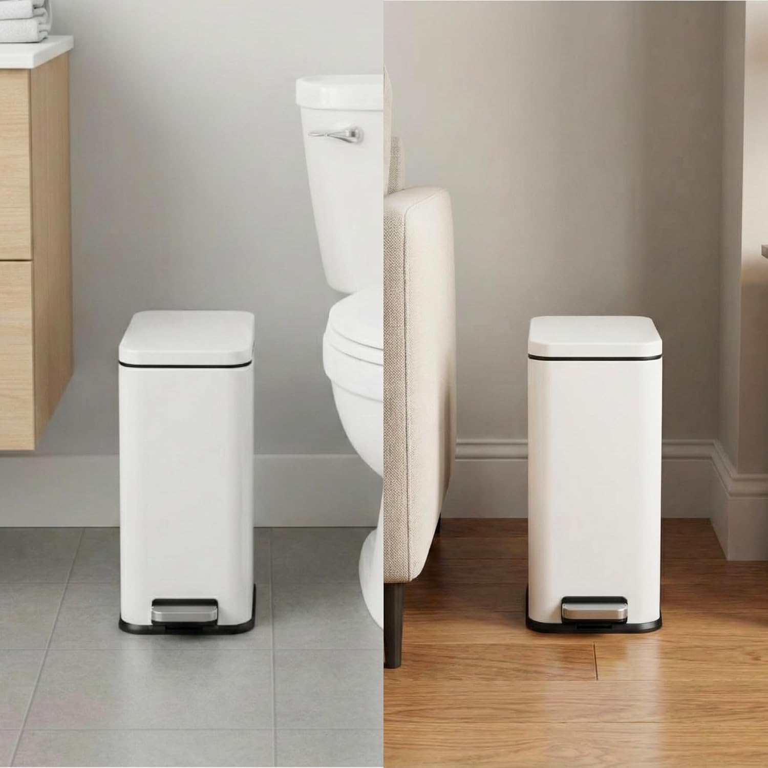 iTouchless 3 Gallon Small Wastebasket for Bathroom with Lid, Deodorizer, Soft-Step Stainless Steel Slim Garbage Bin, 11.5L White Small Trash Can, Step Pedal, Minimalist Nursery Decor for Clinic & Spa