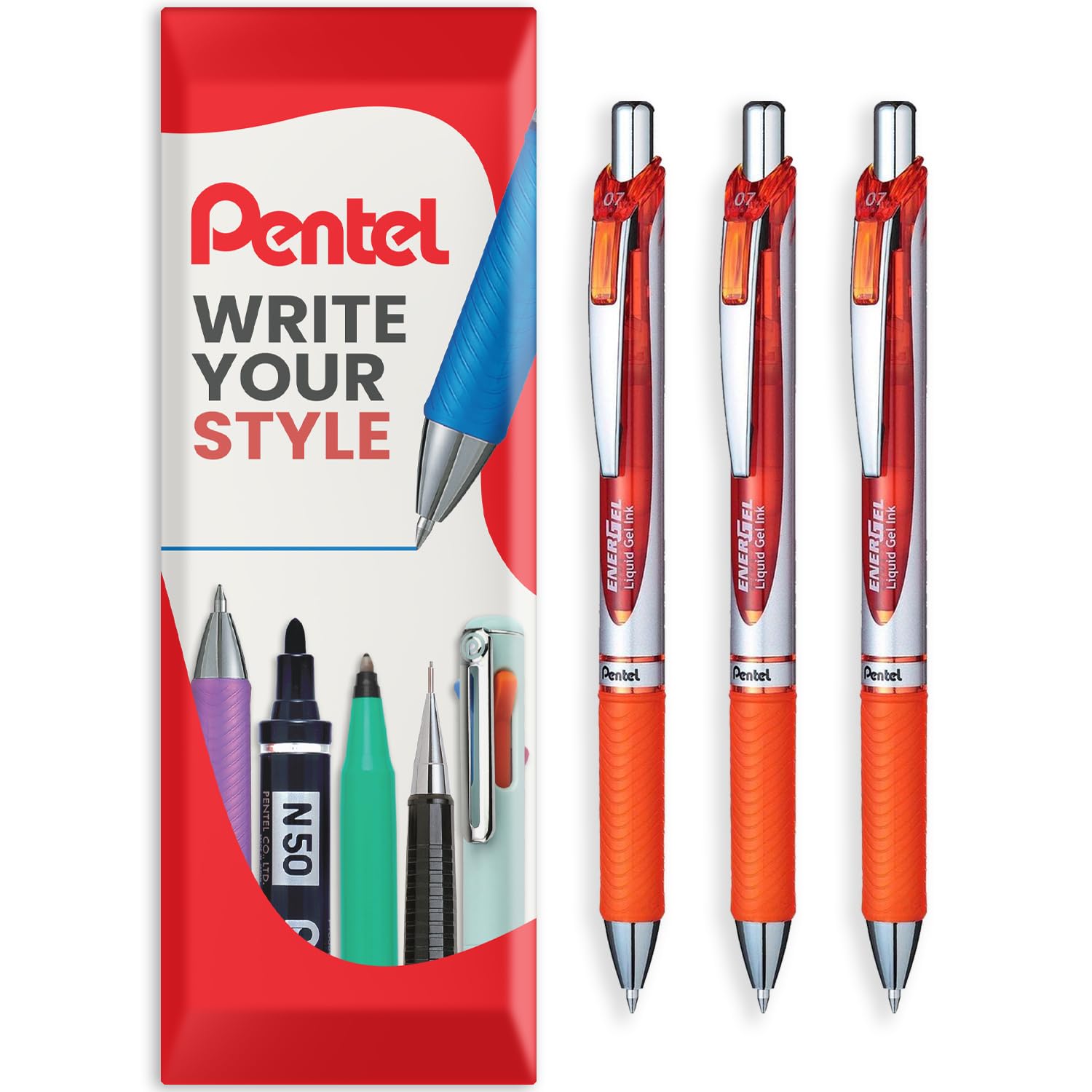 Pentel EnerGel XM BL77 - Retractable Liquid Gel Ink Pen - 0.7mm - 54% Recycled - In Envelope Gift Packaging - Pack of 3 - Orange