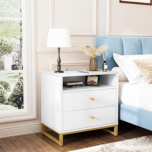 Miniatura 9 de Lamerge Juego de 2 mesitas de noche blancas con estación de carga, mesita de noche con 2 cajones y estante abierto, mesa auxiliar moderna con
