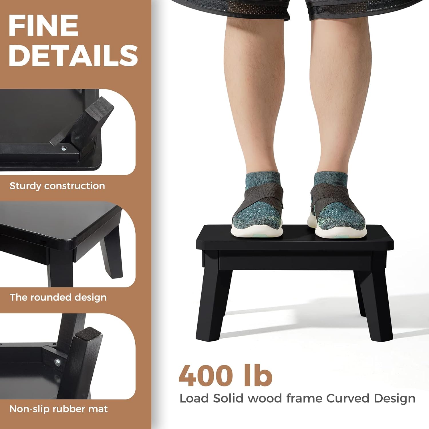 HOUCHICS Wooden Step Stool,One Step Stool for Adult Kids,Wood Bedside Step Stools for Adults,Bathroom,Bedroom(Black)