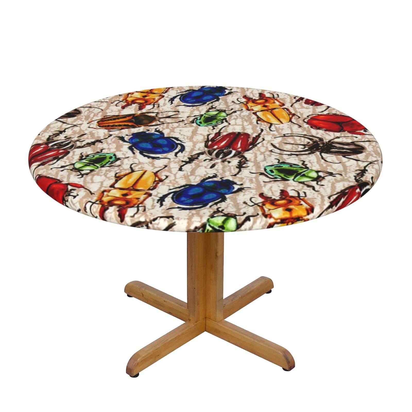 Lsjuee Round Fitted Tablecloth 45-50in Elastic Edged Table Cloth for Kitchen Dining Party Home Decor - Beetles Tree Wood Colorful