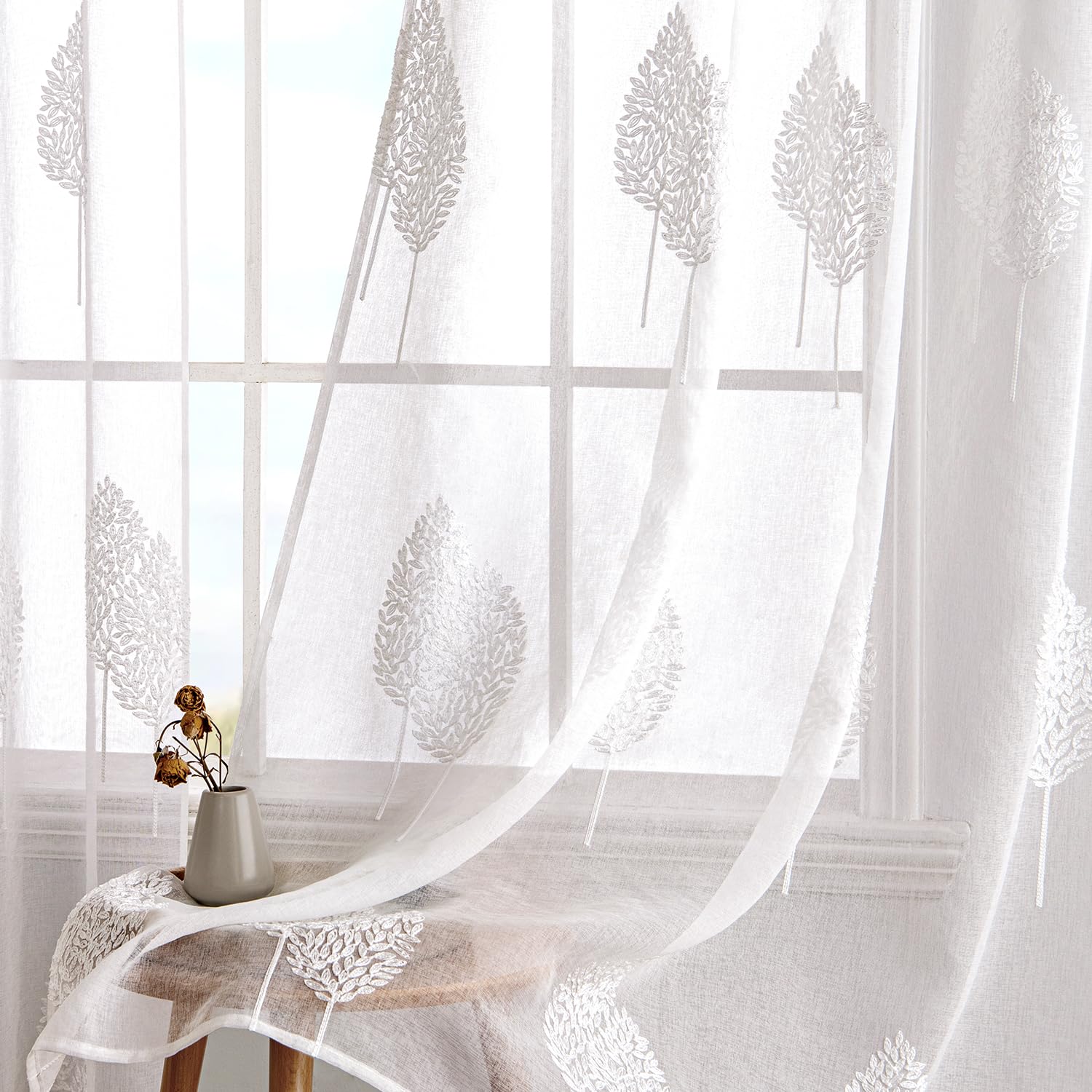 MIULEE Gardine Stickerei Blattmuster Kräuselband 2er Set B140 H280 Weiß | Transparente Gardine mit Stickerei Blattmuster und Kräuselband, modernes Dekor für Wohnzimmer und Schlafzimmer