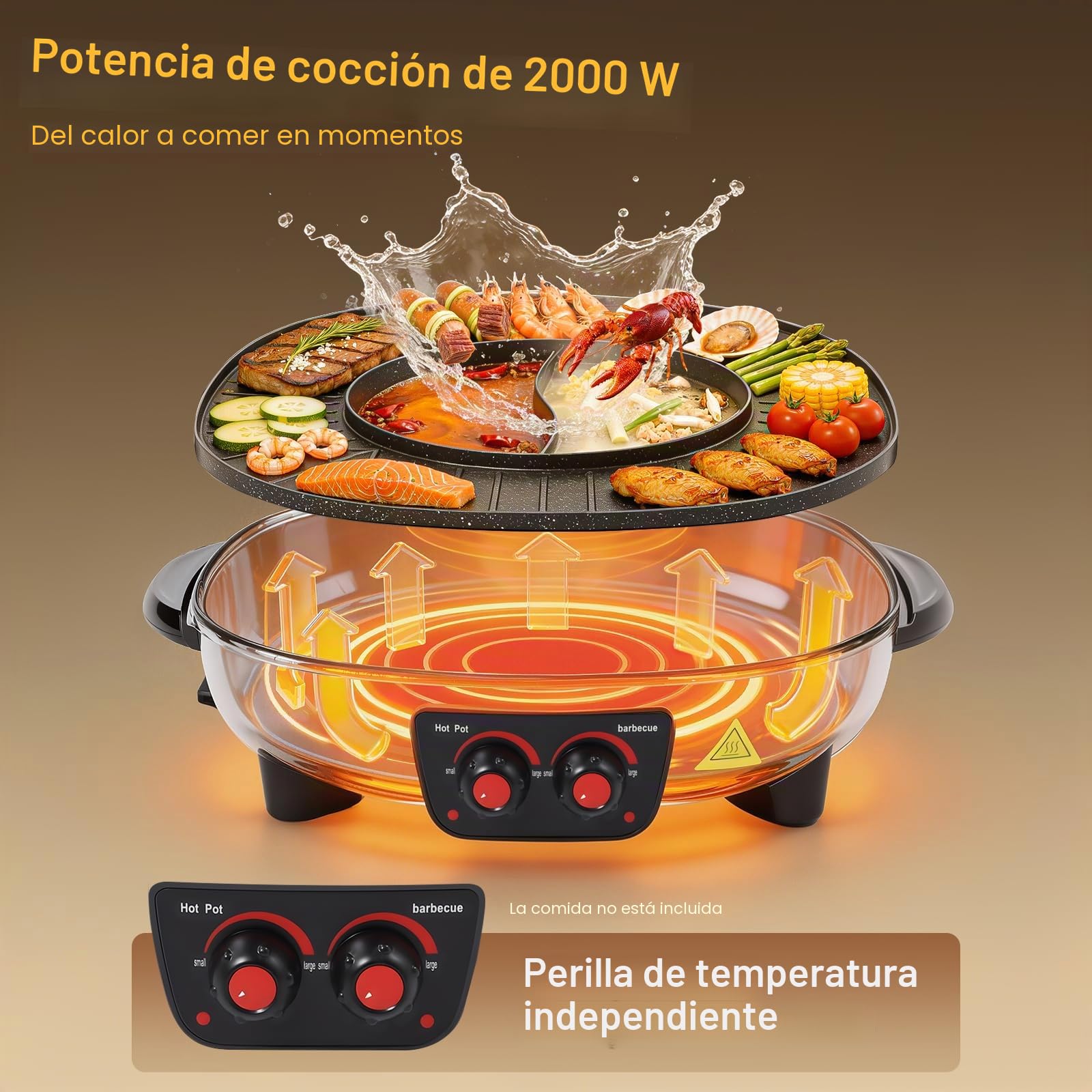 2 en 1 Barbacoa Eléctrica y Olla Caliente, Parrilla Multifuncional sin Humo para Interiores con Temperatura Ajustable, Para BBQ Coreano, Fondue, Shabu-Shabu, Cocina para Fiestas Familiares