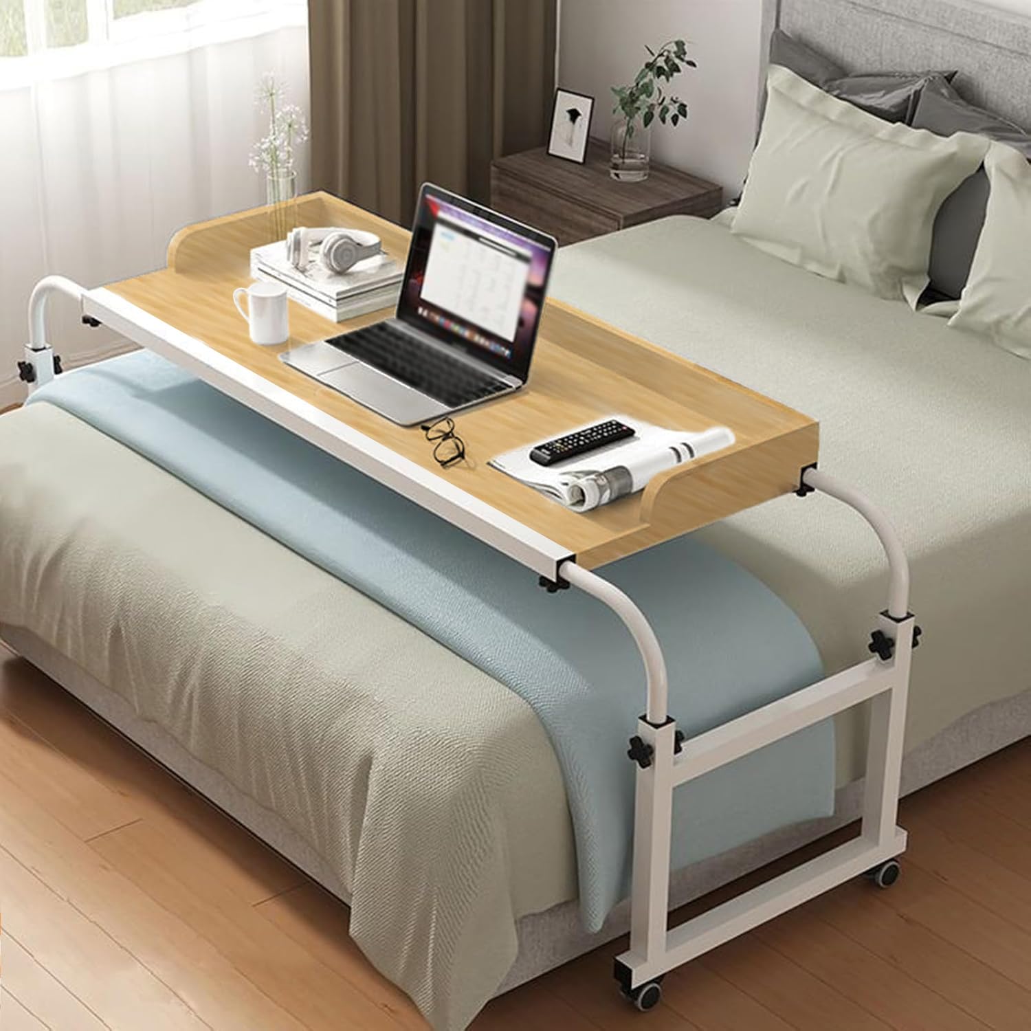 Mesa Ruedas,Mesa Portatil Cama Mesa Ordenador Cama Mesa para Comer En La Cama Escritorio De Pie Móvil para Mesa Ruedas Mesa Ordenador Cama(Color:Madera+)
